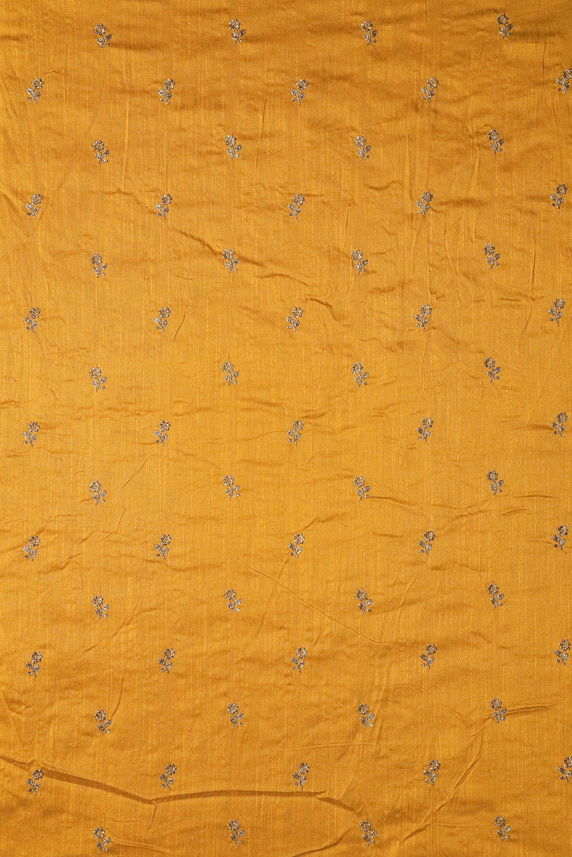 Gold Sequins With Gold Zari Small Floral Motif Embroidery Work On Yellow Raw Silk Fabric - doeraa