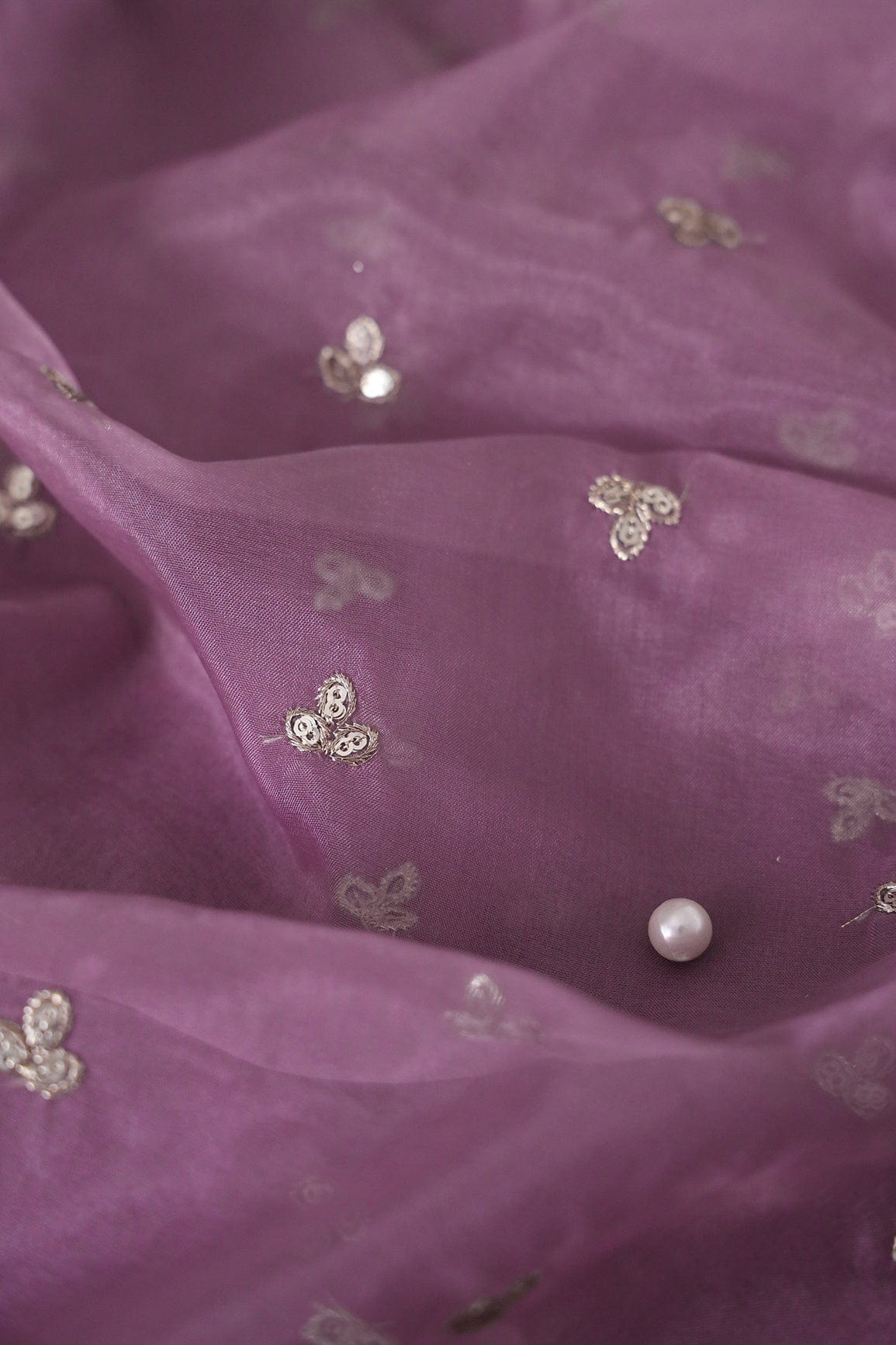 Gold Sequins With Gold Zari Small Leafy Motif Embroidery Work On Mauve Organza Fabric - doeraa