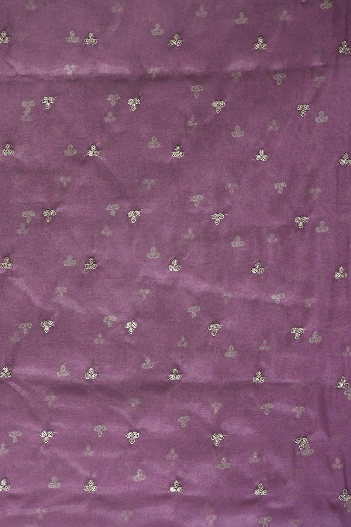 Gold Sequins With Gold Zari Small Leafy Motif Embroidery Work On Mauve Organza Fabric - doeraa