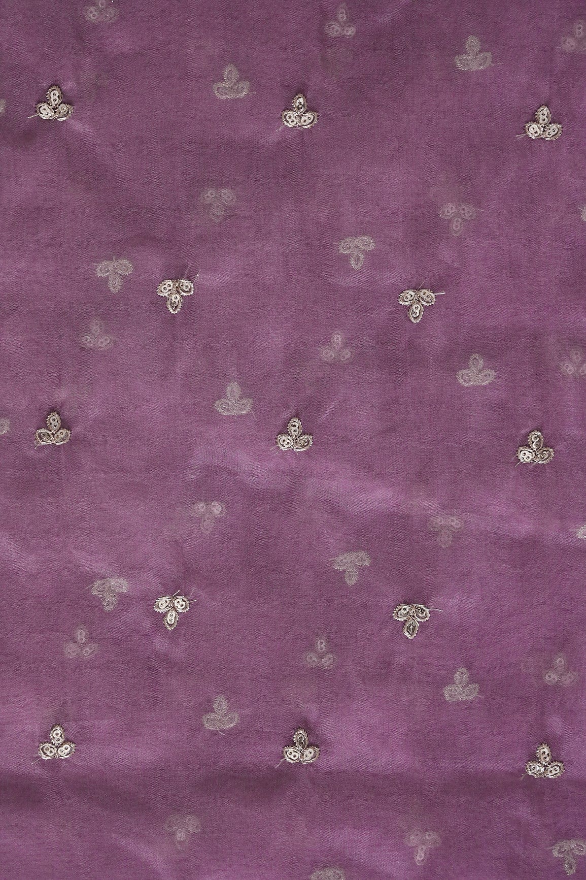 Gold Sequins With Gold Zari Small Leafy Motif Embroidery Work On Mauve Organza Fabric - doeraa
