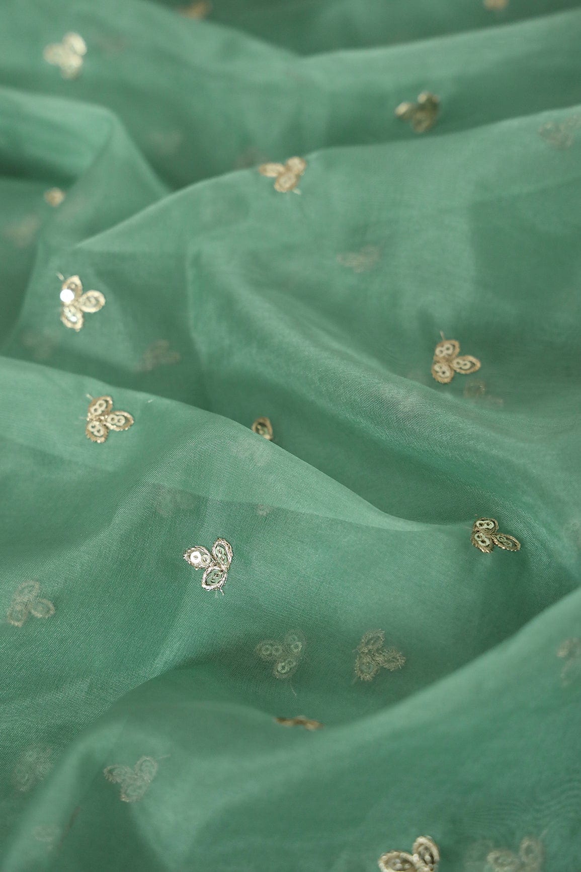 Gold Sequins With Gold Zari Small Leafy Motif Embroidery Work On Olive Organza Fabric - doeraa