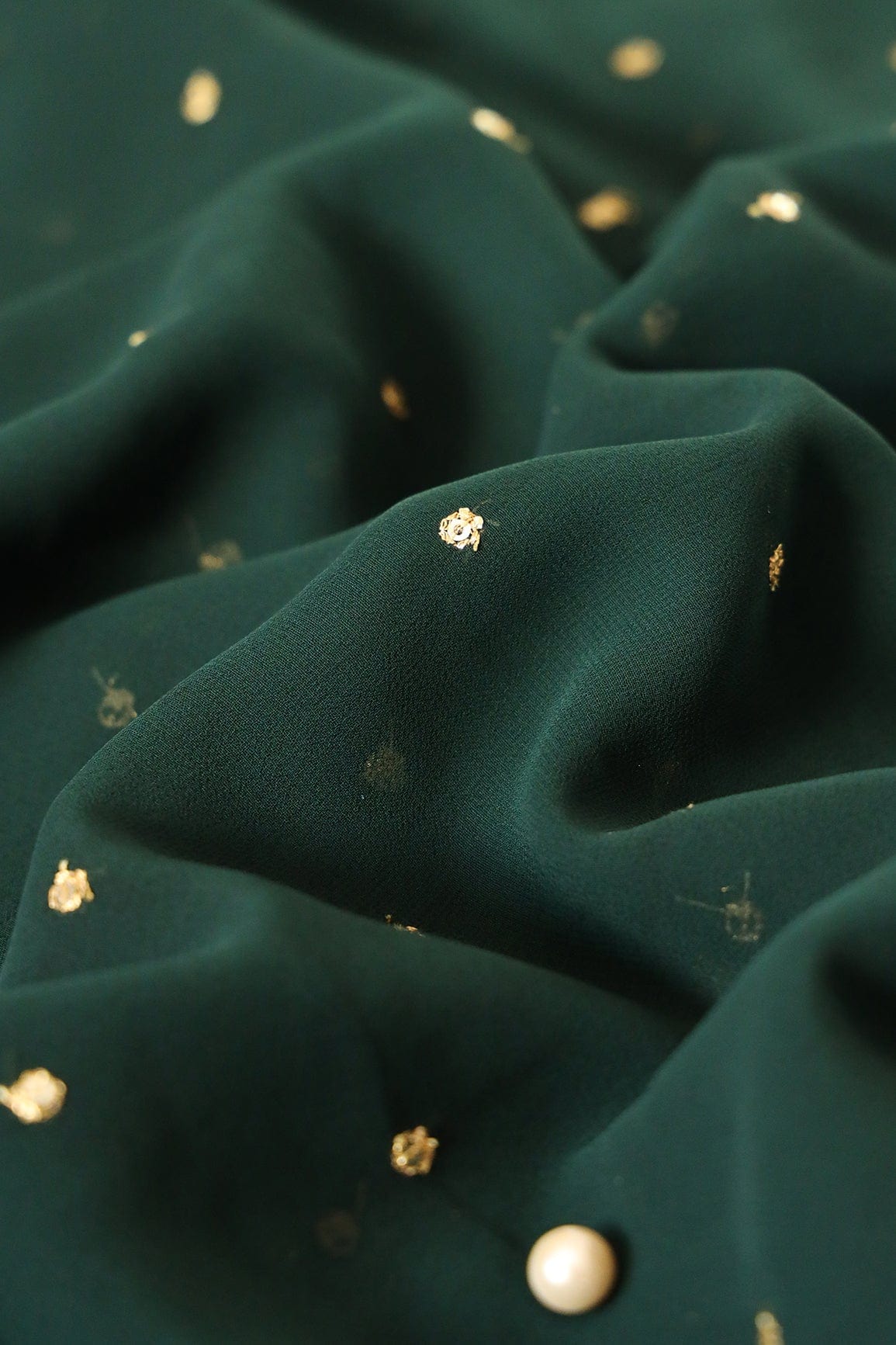 Gold Sequins With Gold Zari Small Motif Embroidery Work On Bottle Green Georgette Fabric - doeraa