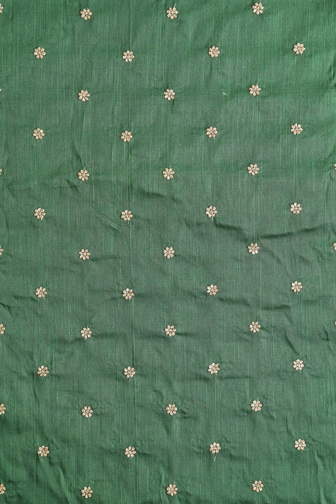 Gold Sequins With Gold Zari Small Motif Embroidery Work On Bottle Green Raw Silk Fabric - doeraa
