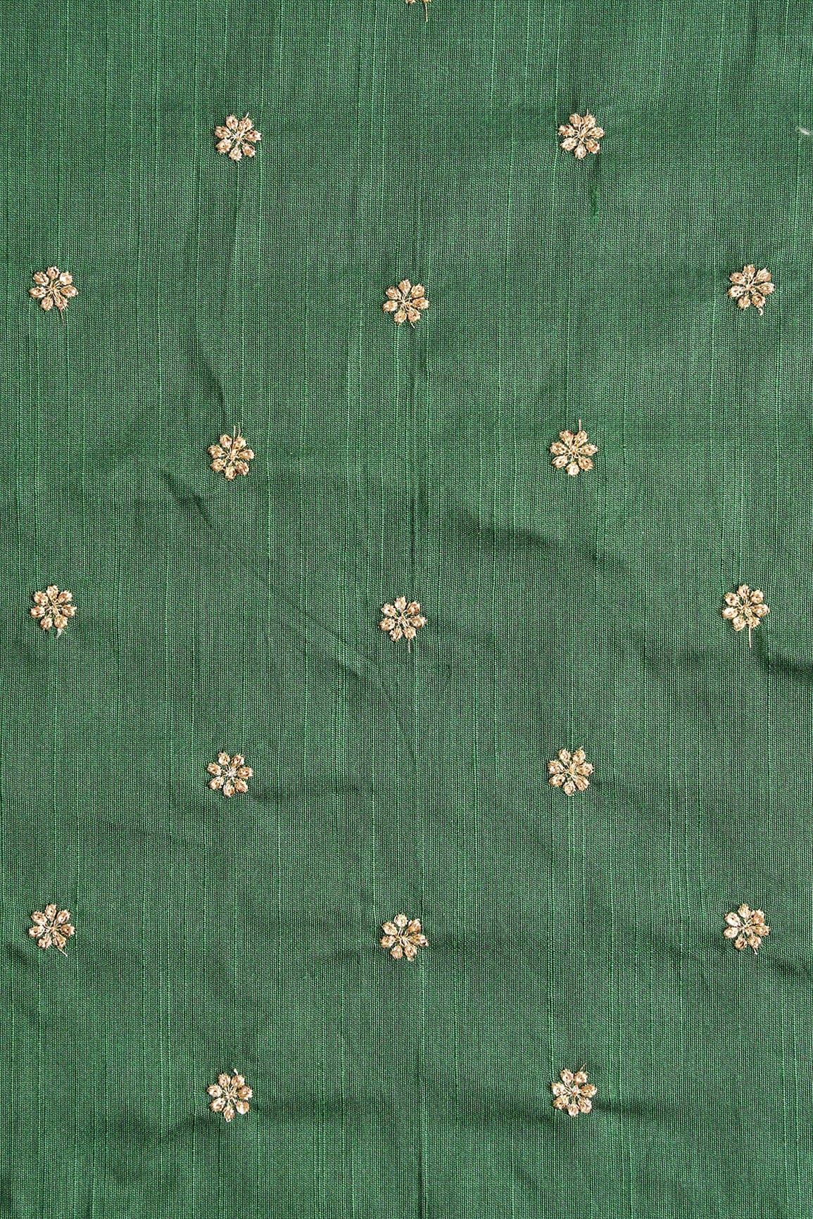 Gold Sequins With Gold Zari Small Motif Embroidery Work On Bottle Green Raw Silk Fabric - doeraa