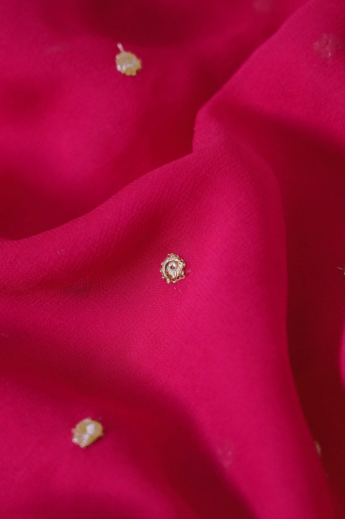 Gold Sequins With Gold Zari Small Motif Embroidery Work On Fuchsia Georgette Fabric - doeraa
