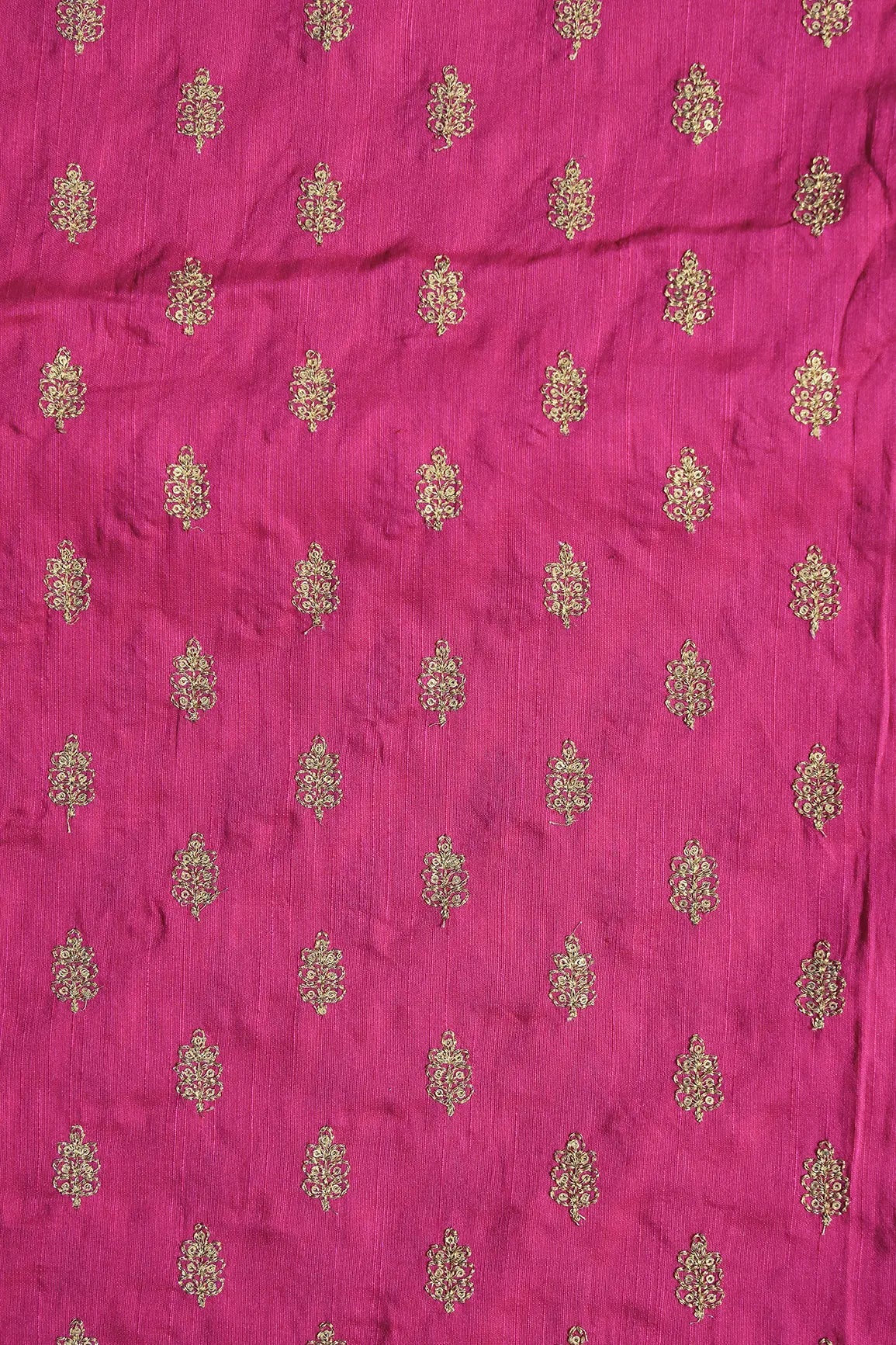 Gold Sequins With Gold Zari Small Motif Embroidery Work On Fuchsia Raw Silk Fabric - doeraa