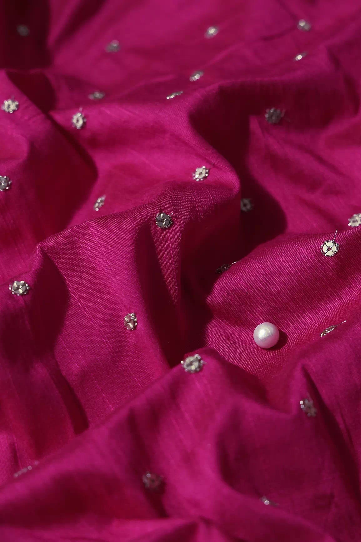 Gold Sequins With Gold Zari Small Motif Embroidery Work On Fuchsia Raw Silk Fabric - doeraa