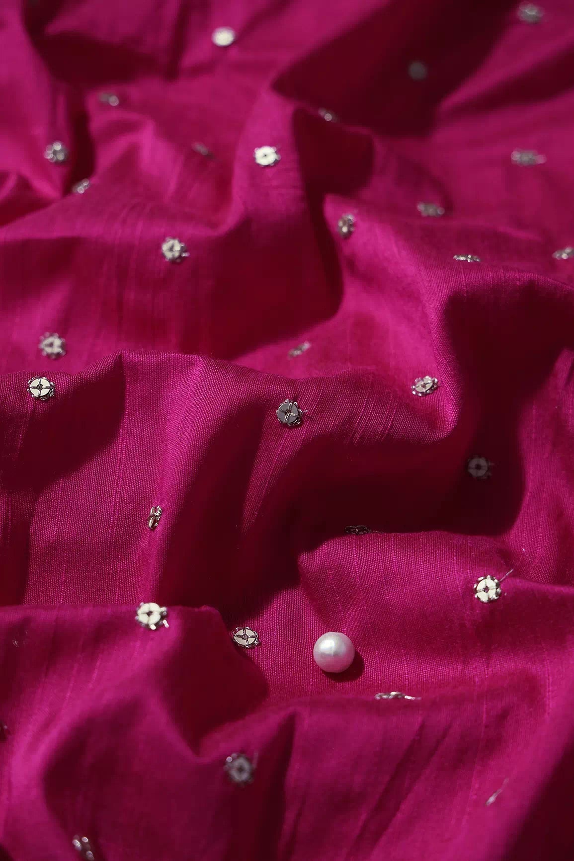 Gold Sequins With Gold Zari Small Motif Embroidery Work On Fuchsia Raw Silk Fabric - doeraa