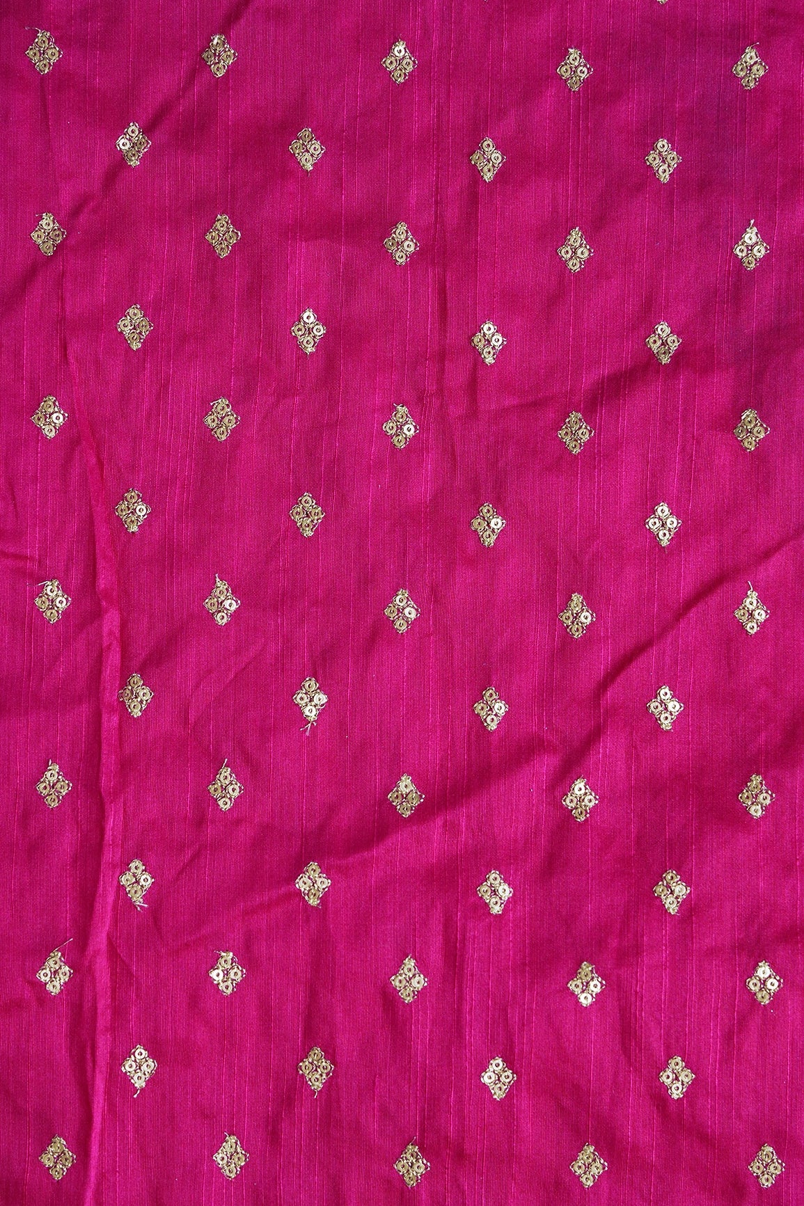 Gold Sequins With Gold Zari Small Motif Embroidery Work On Fuchsia Raw Silk Fabric - doeraa