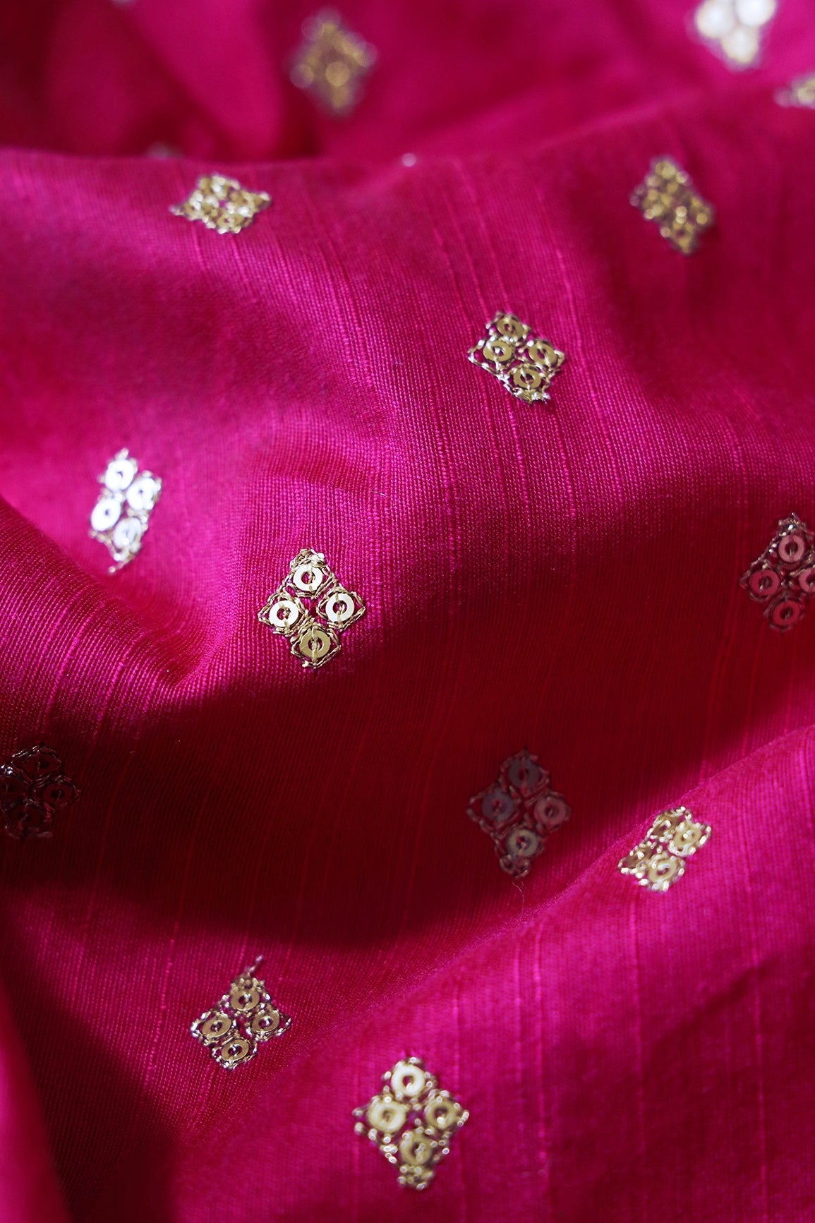 Gold Sequins With Gold Zari Small Motif Embroidery Work On Fuchsia Raw Silk Fabric - doeraa