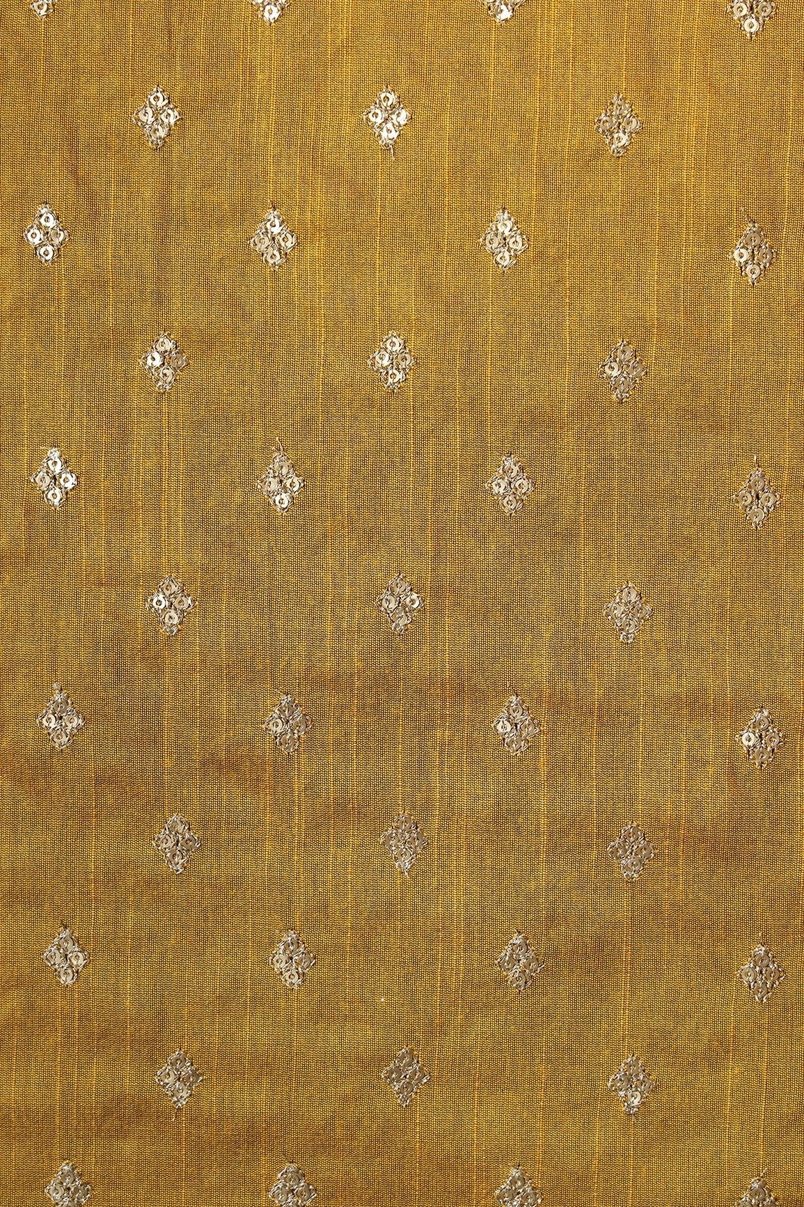 Gold Sequins With Gold Zari Small Motif Embroidery Work On Mustard Raw Silk Fabric - doeraa