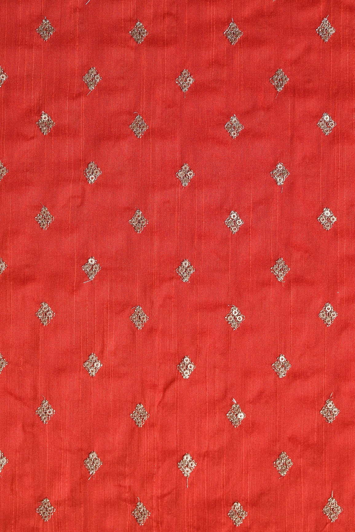 Gold Sequins With Gold Zari Small Motif Embroidery Work On Orange Raw Silk Fabric - doeraa