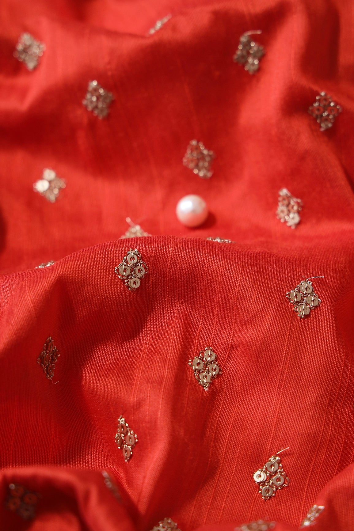 Gold Sequins With Gold Zari Small Motif Embroidery Work On Orange Raw Silk Fabric - doeraa