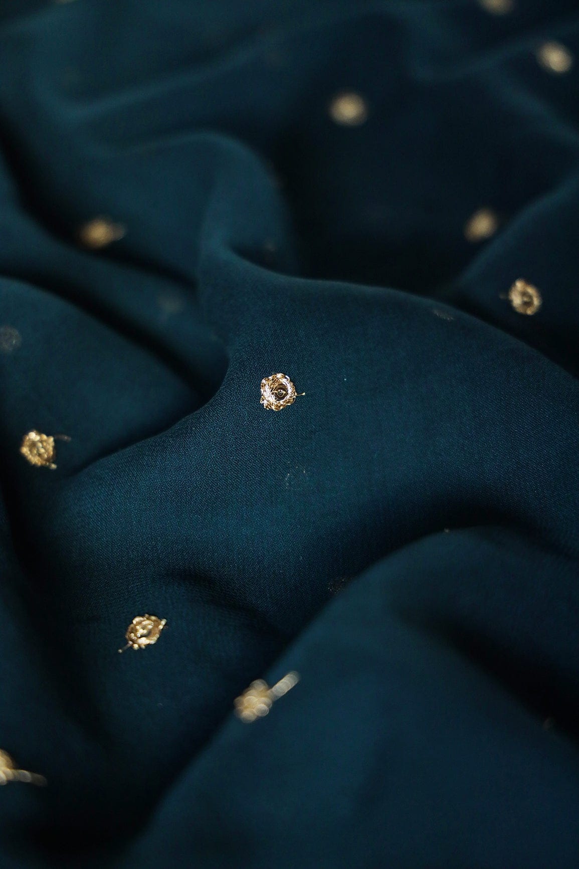 Gold Sequins With Gold Zari Small Motif Embroidery Work On Prussian Blue Georgette Fabric - doeraa