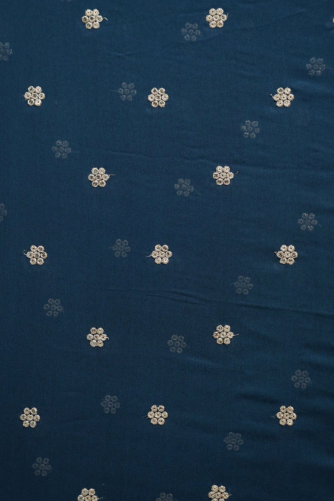 Gold Sequins With Gold Zari Small Motif Embroidery Work On Prussian Blue Georgette Fabric - doeraa