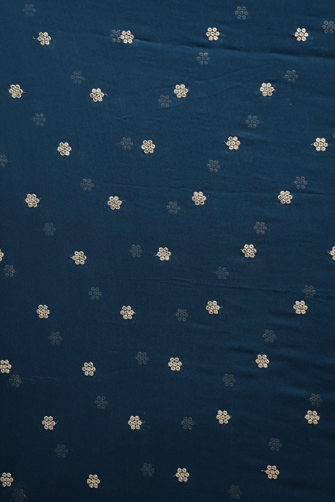 Gold Sequins With Gold Zari Small Motif Embroidery Work On Prussian Blue Georgette Fabric - doeraa