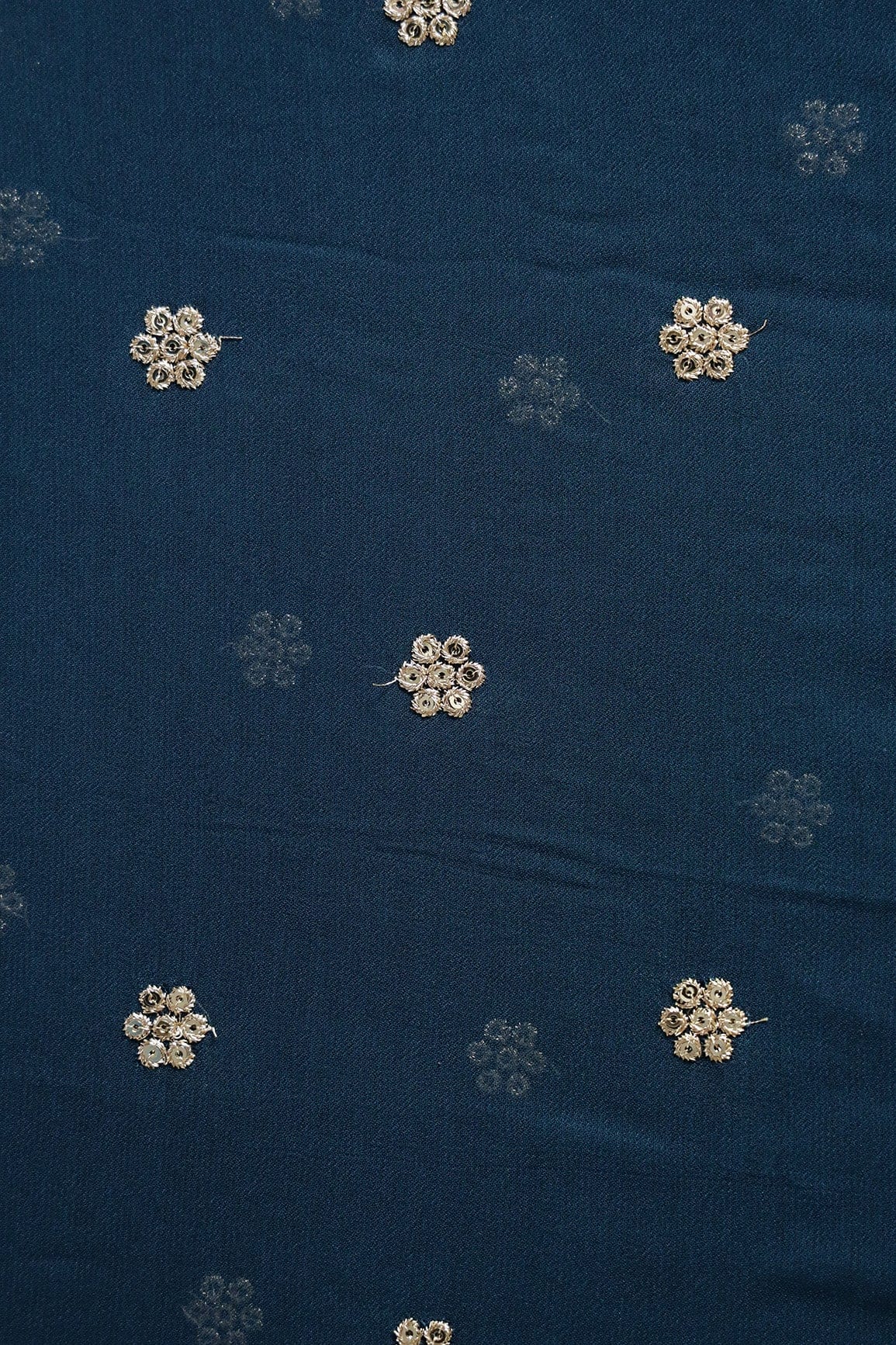 Gold Sequins With Gold Zari Small Motif Embroidery Work On Prussian Blue Georgette Fabric - doeraa