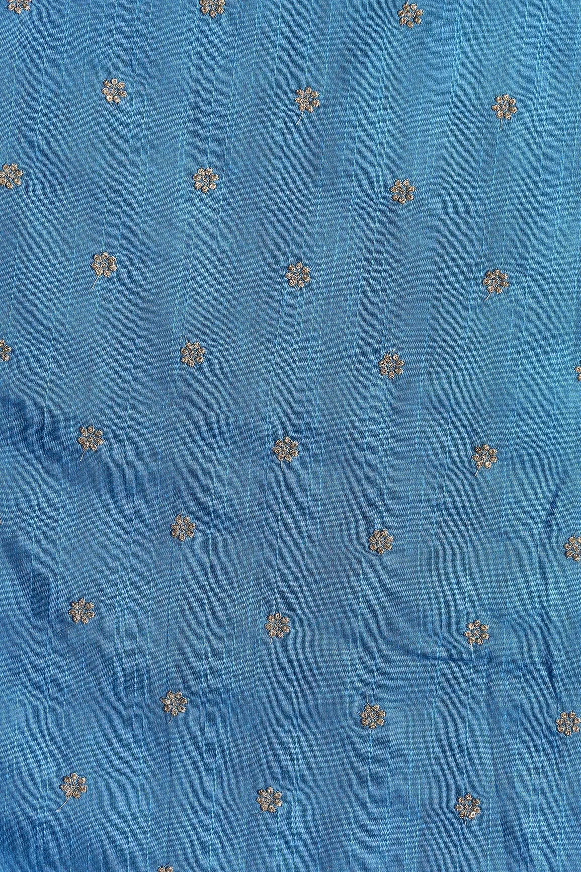 Gold Sequins With Gold Zari Small Motif Embroidery Work On Rama Blue Raw Silk Fabric - doeraa