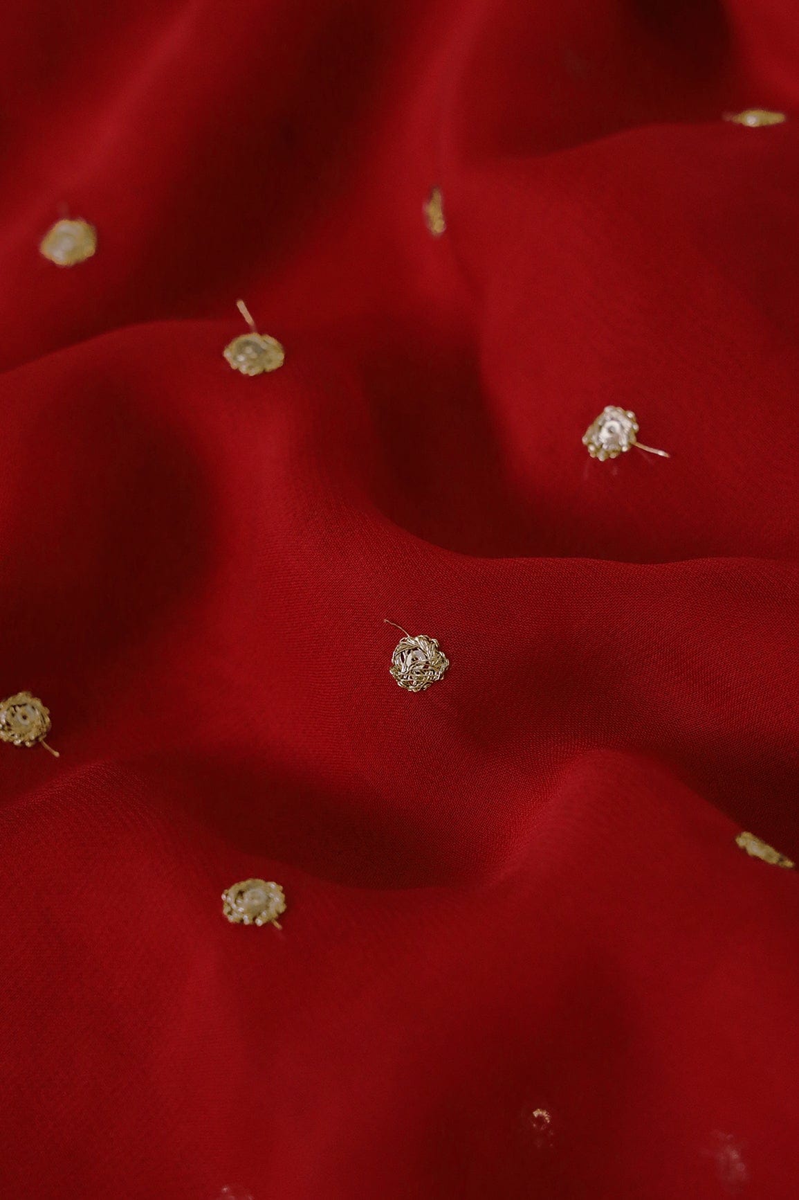 Gold Sequins With Gold Zari Small Motif Embroidery Work On Red Georgette Fabric - doeraa