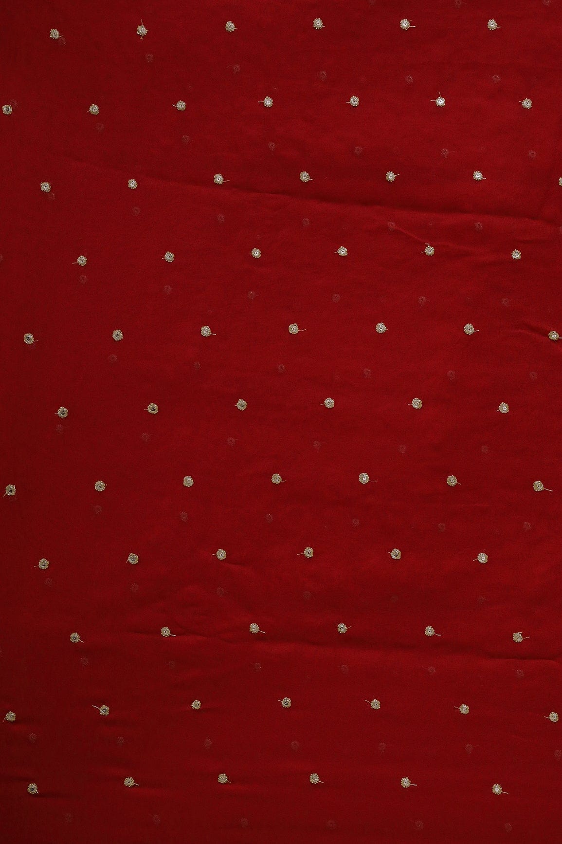 Gold Sequins With Gold Zari Small Motif Embroidery Work On Red Georgette Fabric - doeraa