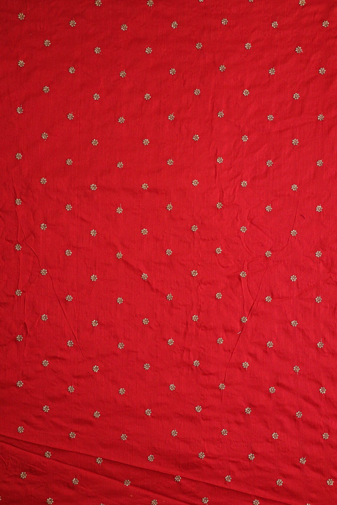 Gold Sequins With Gold Zari Small Motif Embroidery Work On Red Raw Silk Fabric - doeraa