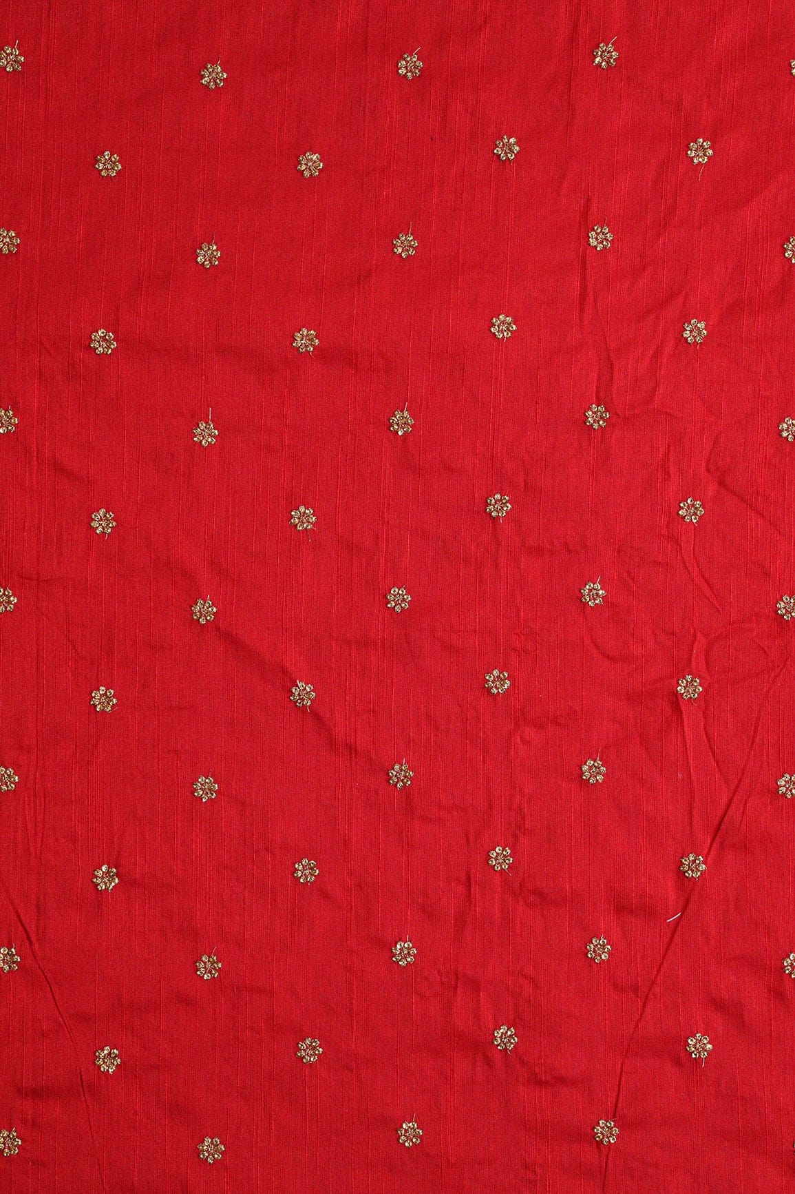 Gold Sequins With Gold Zari Small Motif Embroidery Work On Red Raw Silk Fabric - doeraa