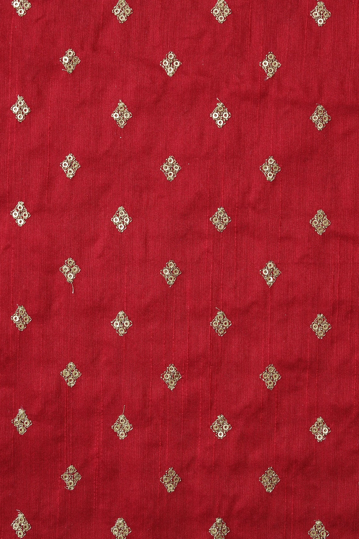 Gold Sequins With Gold Zari Small Motif Embroidery Work On Red Raw Silk Fabric - doeraa