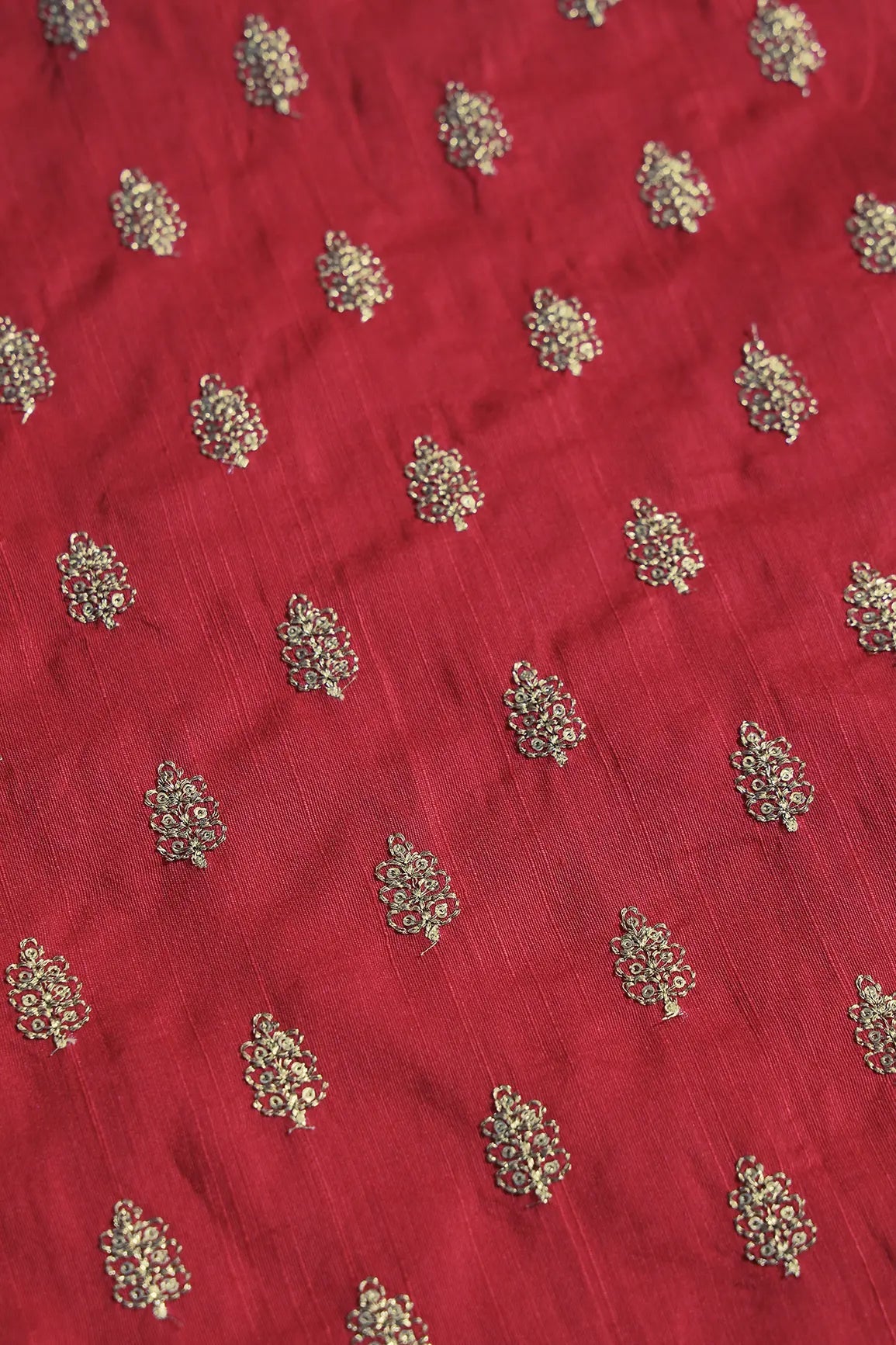 Gold Sequins With Gold Zari Small Motif Embroidery Work On Red Raw Silk Fabric - doeraa
