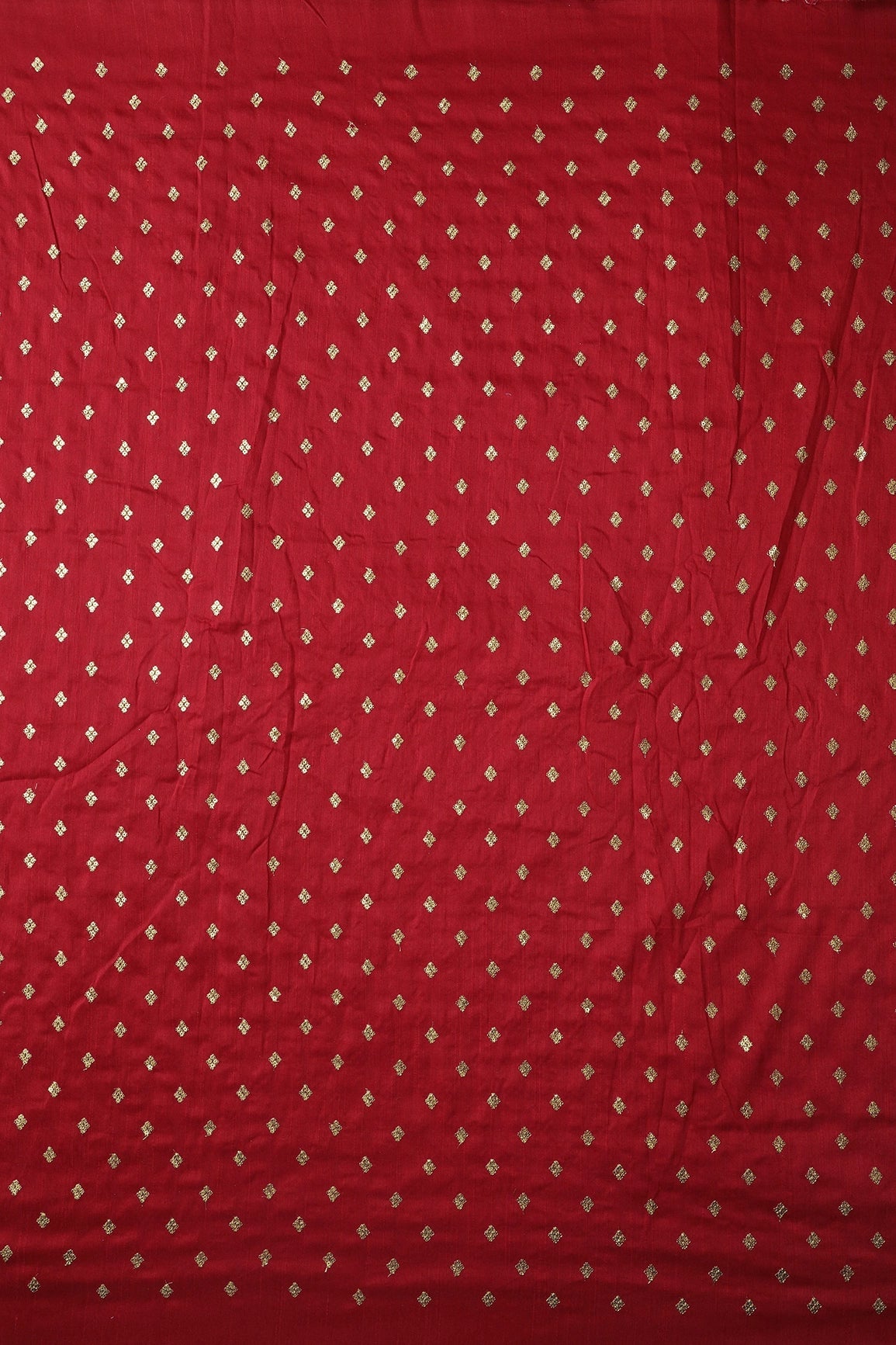 Gold Sequins With Gold Zari Small Motif Embroidery Work On Red Raw Silk Fabric - doeraa