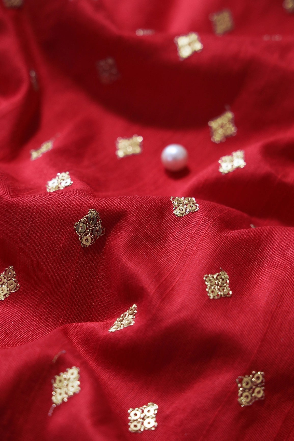 Gold Sequins With Gold Zari Small Motif Embroidery Work On Red Raw Silk Fabric - doeraa