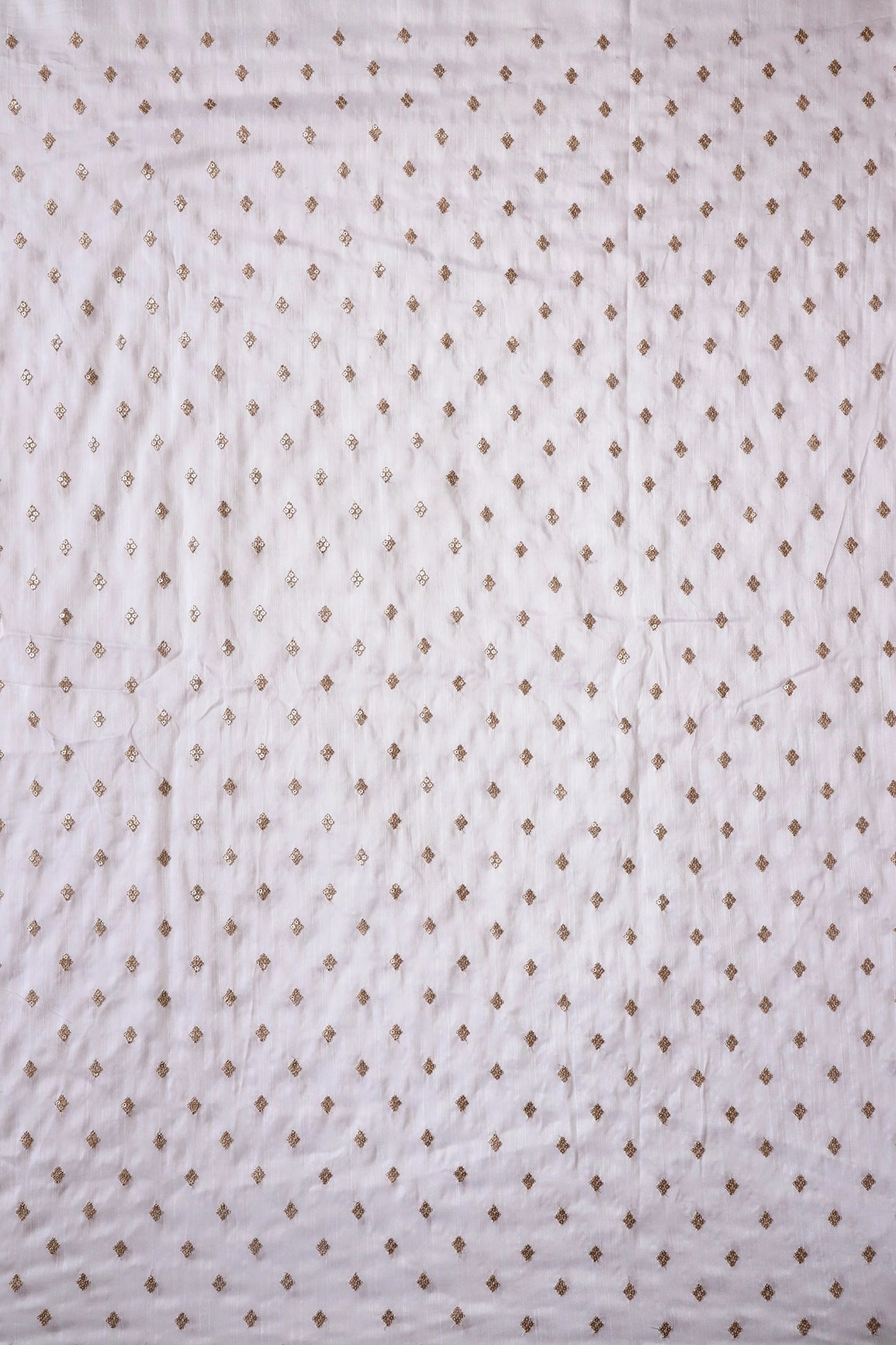 Gold Sequins With Gold Zari Small Motif Embroidery Work On White Raw Silk Fabric - doeraa