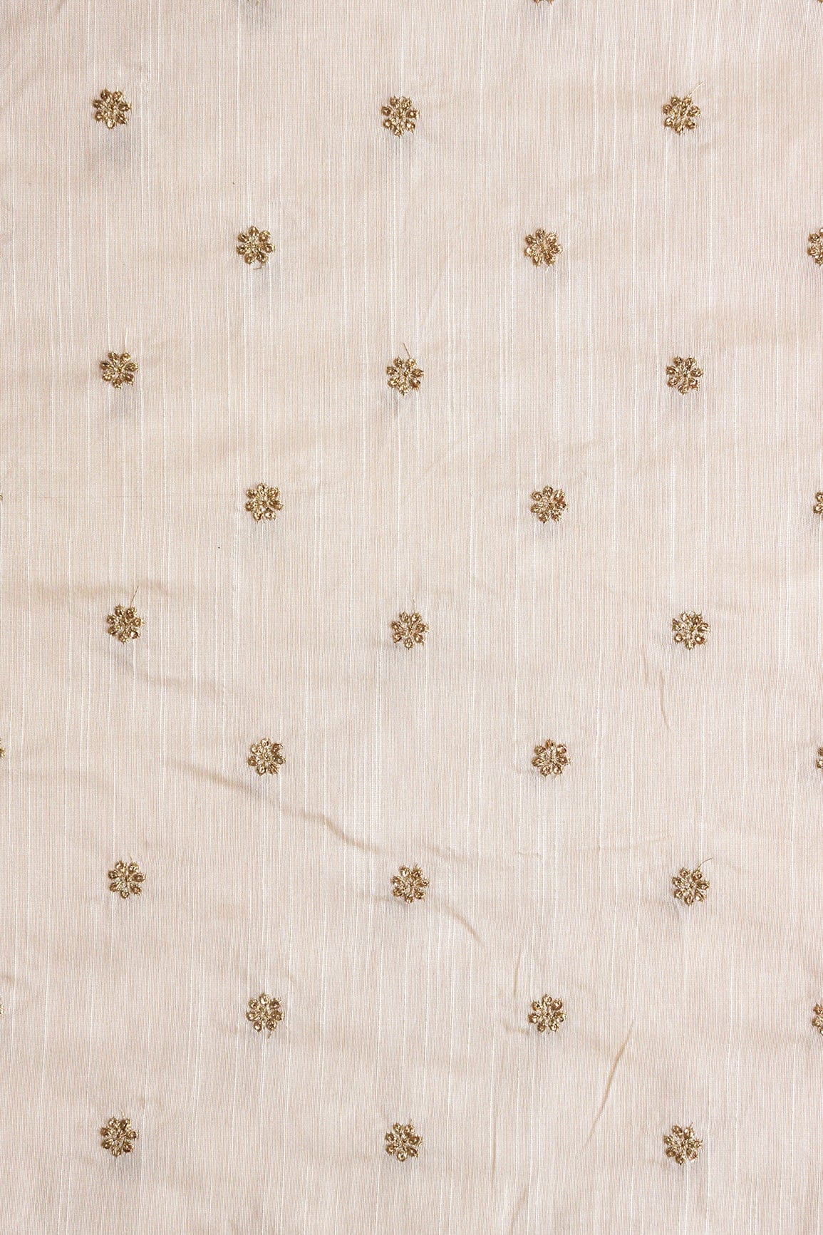 Gold Sequins With Gold Zari Small Motif Embroidery Work On White Raw Silk Fabric - doeraa