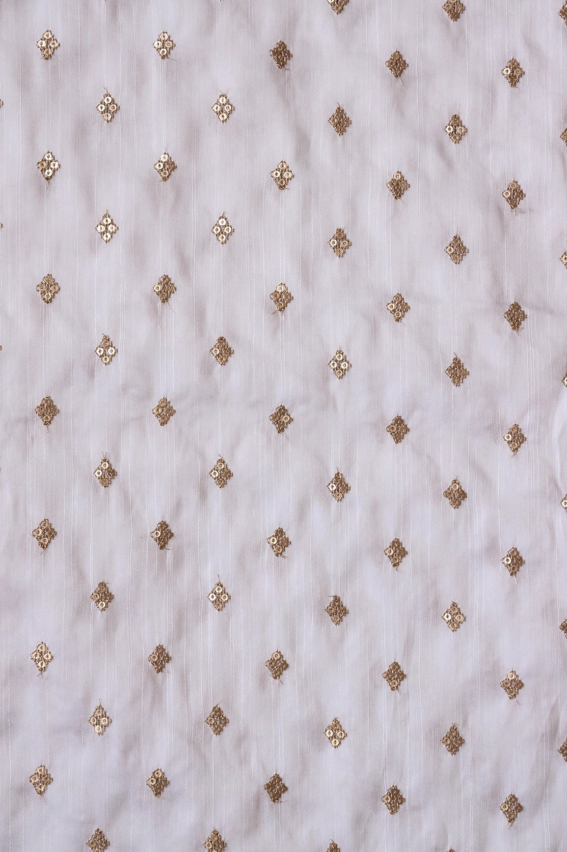 Gold Sequins With Gold Zari Small Motif Embroidery Work On White Raw Silk Fabric - doeraa