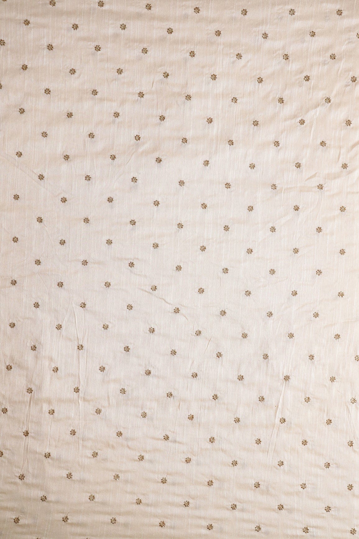 Gold Sequins With Gold Zari Small Motif Embroidery Work On White Raw Silk Fabric - doeraa