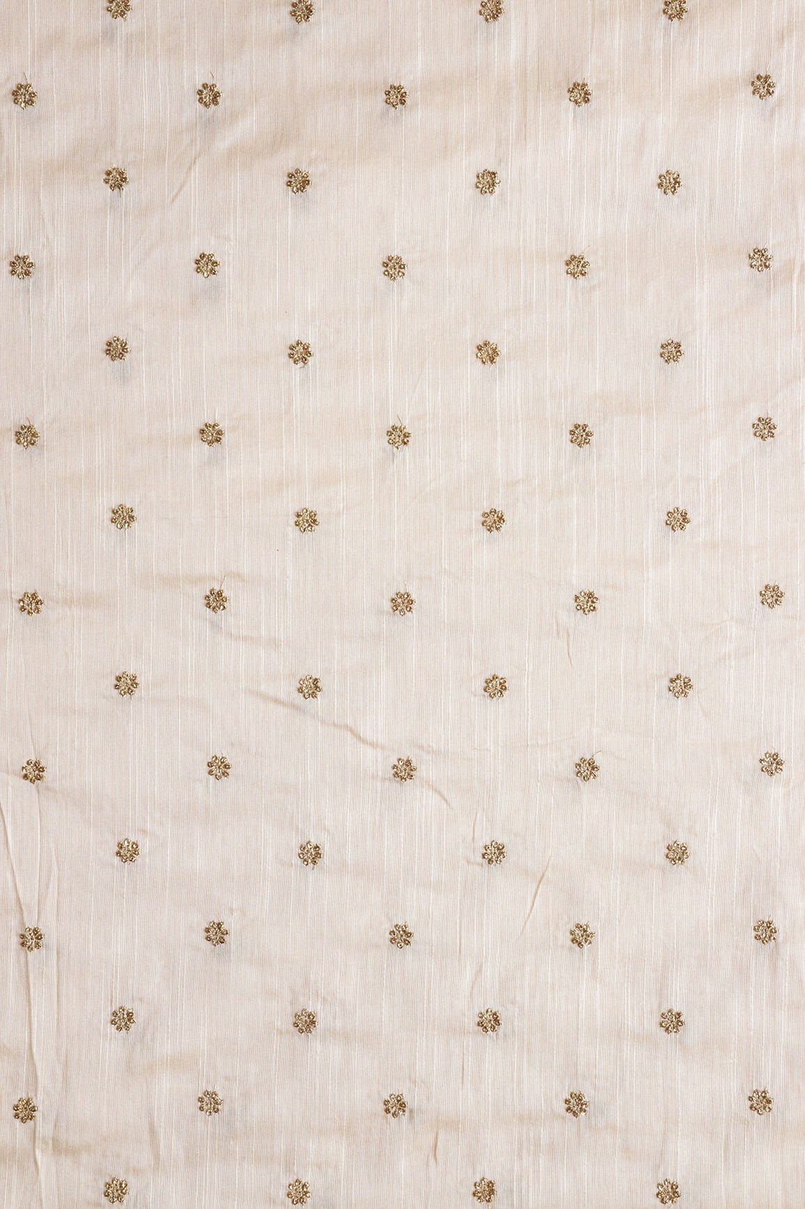 Gold Sequins With Gold Zari Small Motif Embroidery Work On White Raw Silk Fabric - doeraa
