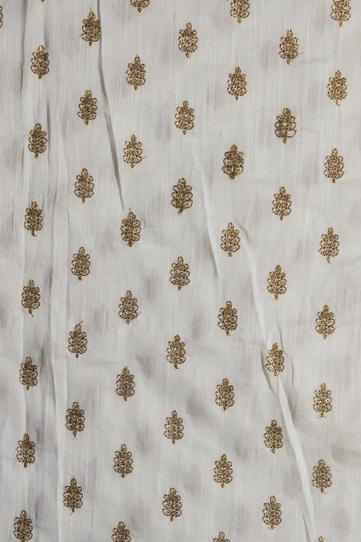 Gold Sequins With Gold Zari Small Motif Embroidery Work On White Raw Silk Fabric - doeraa