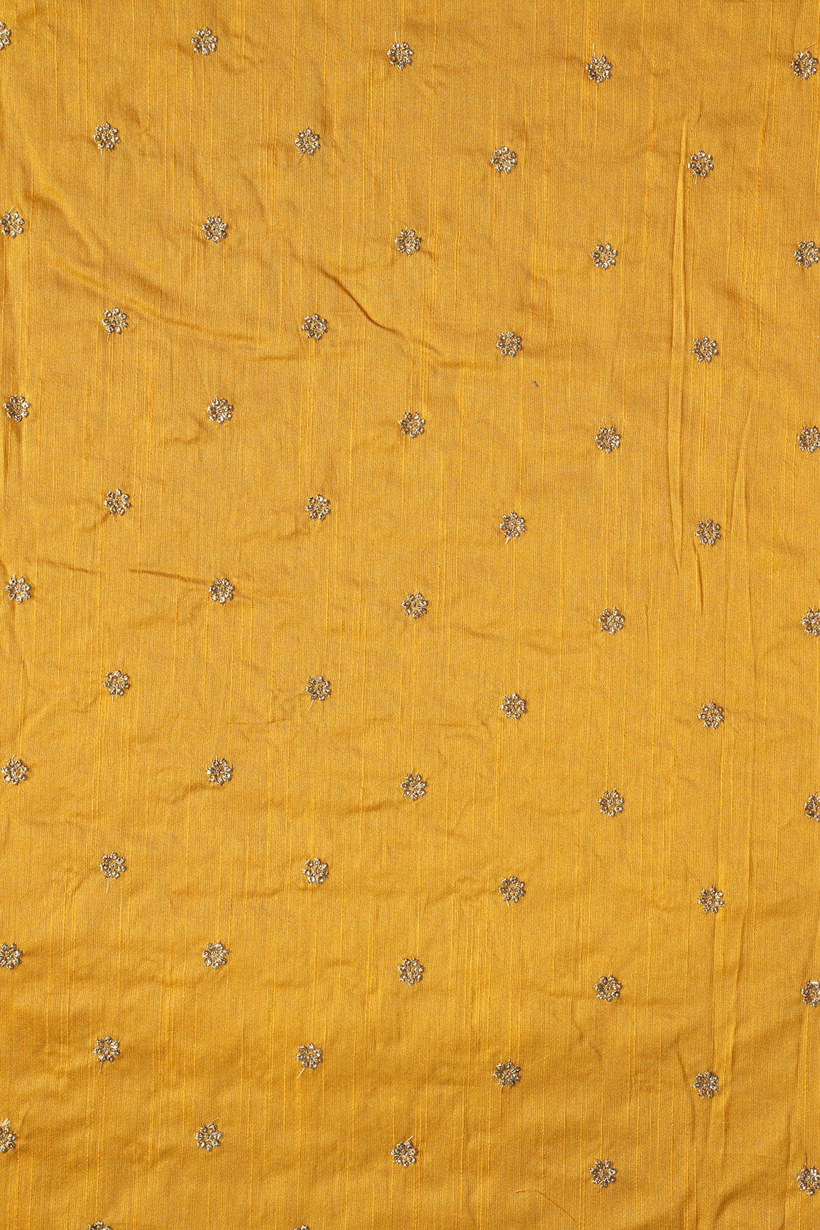 Gold Sequins With Gold Zari Small Motif Embroidery Work On Yellow Raw Silk Fabric - doeraa