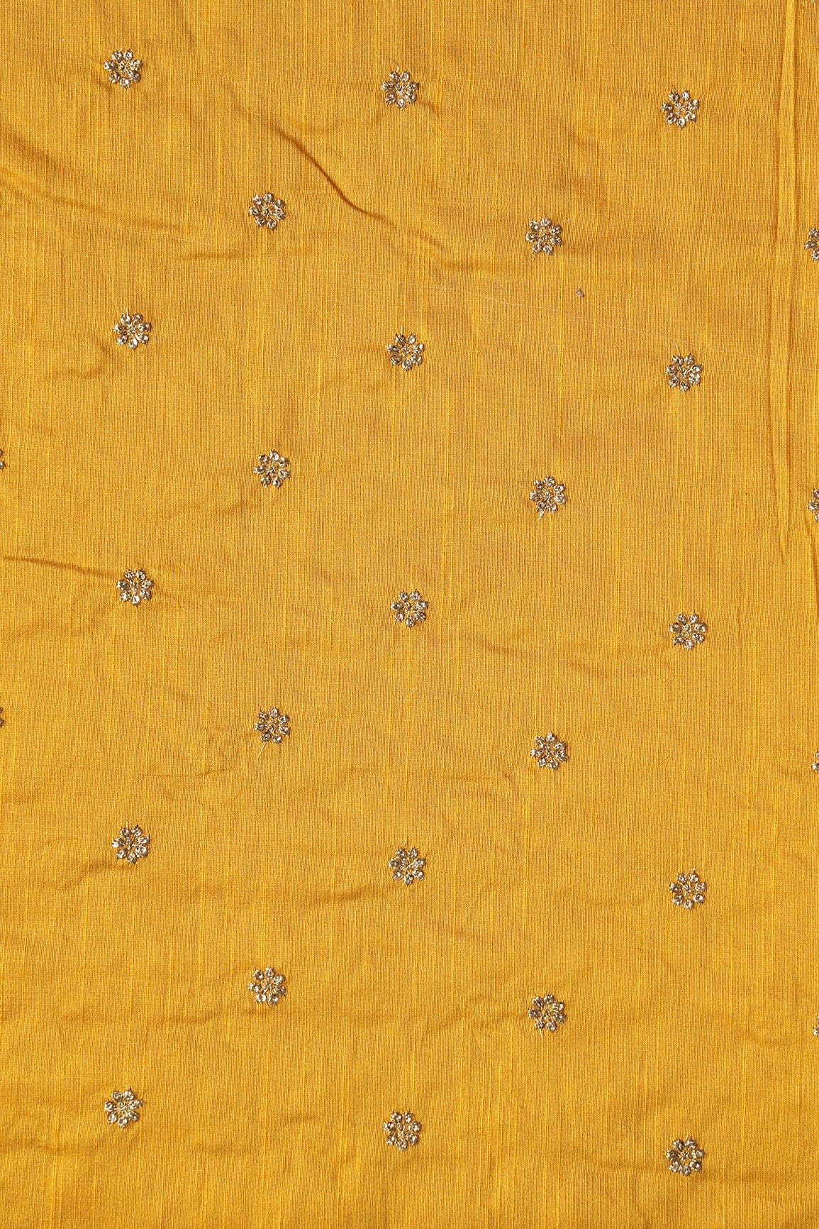 Gold Sequins With Gold Zari Small Motif Embroidery Work On Yellow Raw Silk Fabric - doeraa