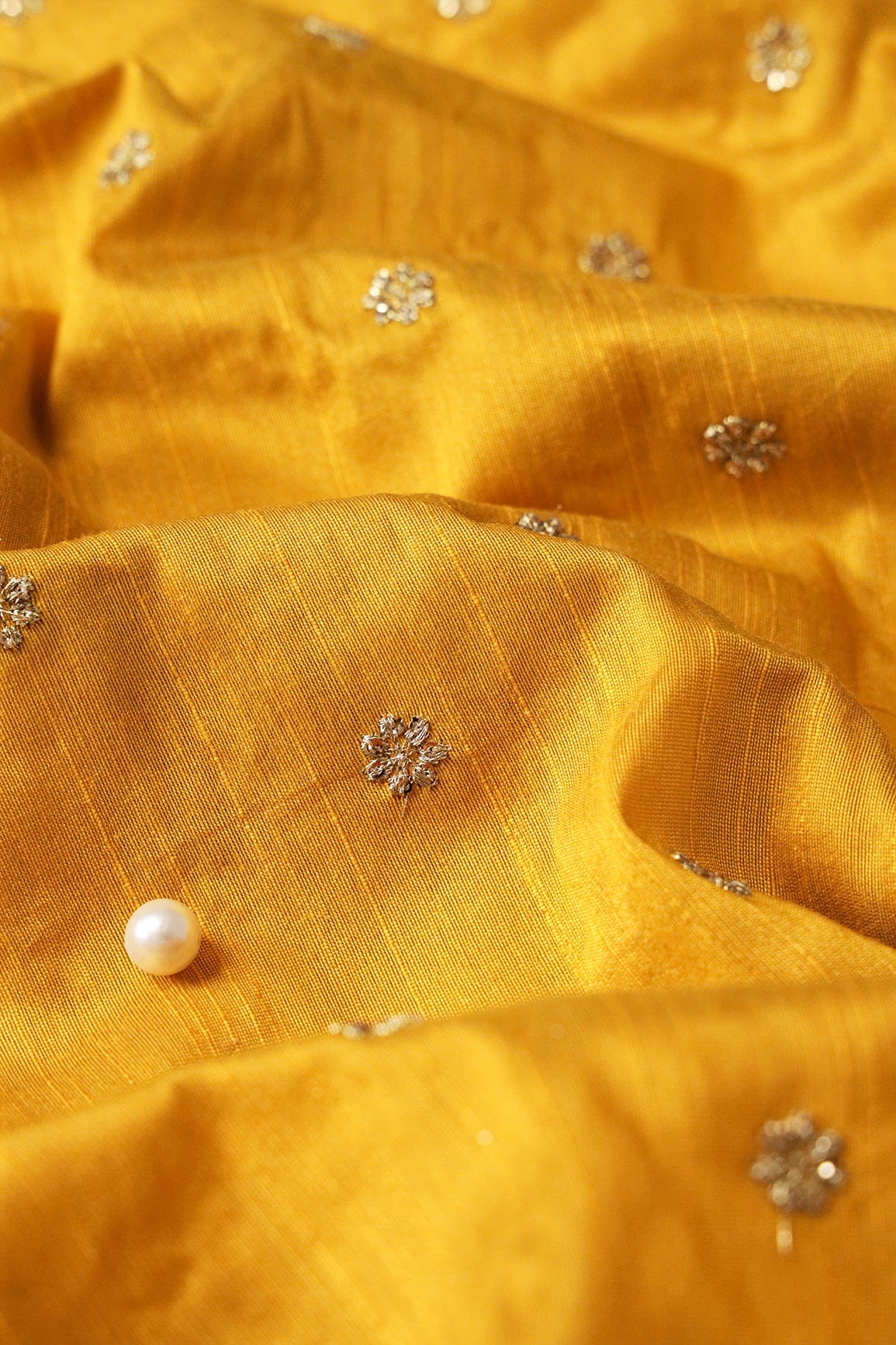 Gold Sequins With Gold Zari Small Motif Embroidery Work On Yellow Raw Silk Fabric - doeraa