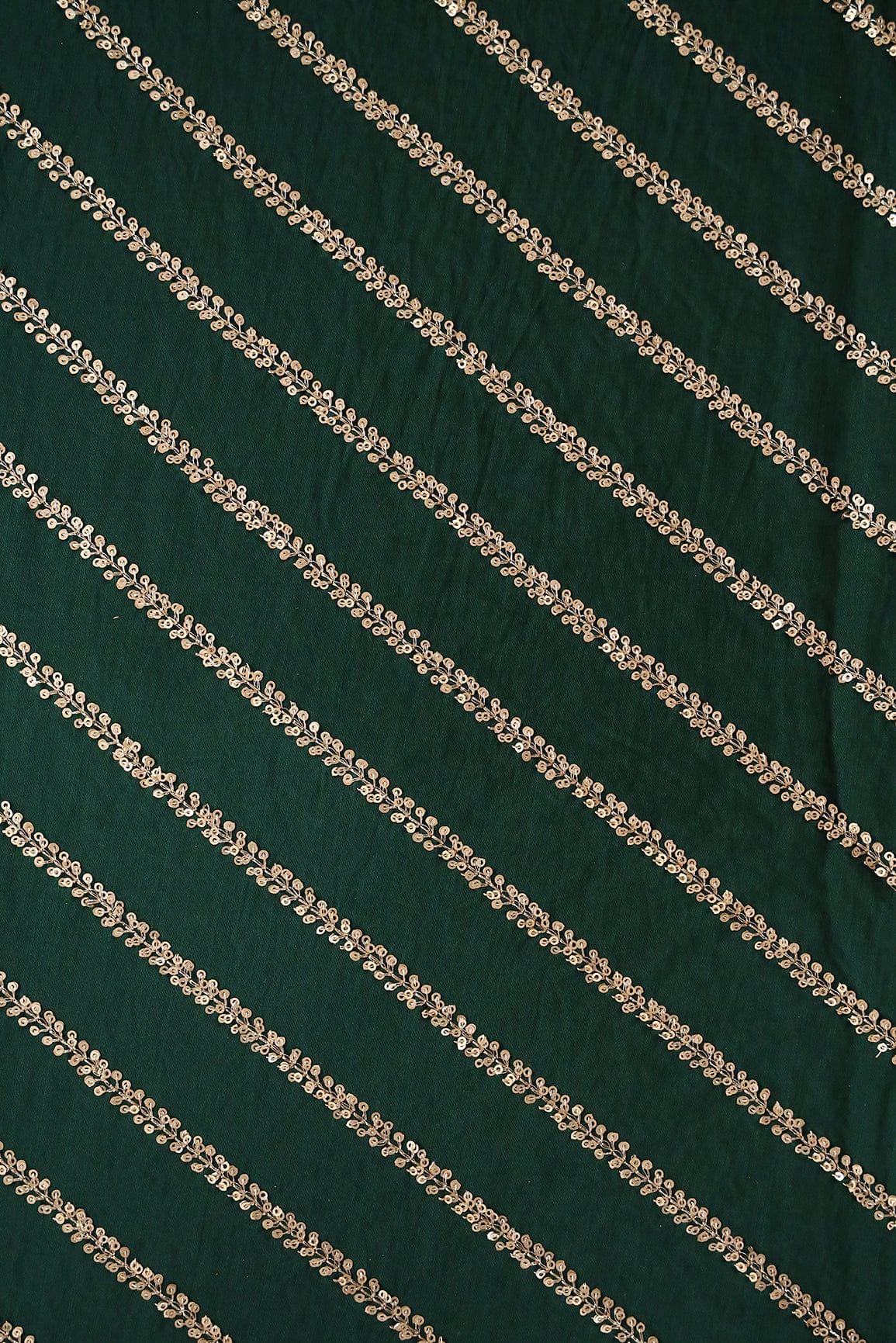 Gold Sequins With Gold Zari Stripes Embroidery Work On Bottle Green Raw Silk Fabric - doeraa