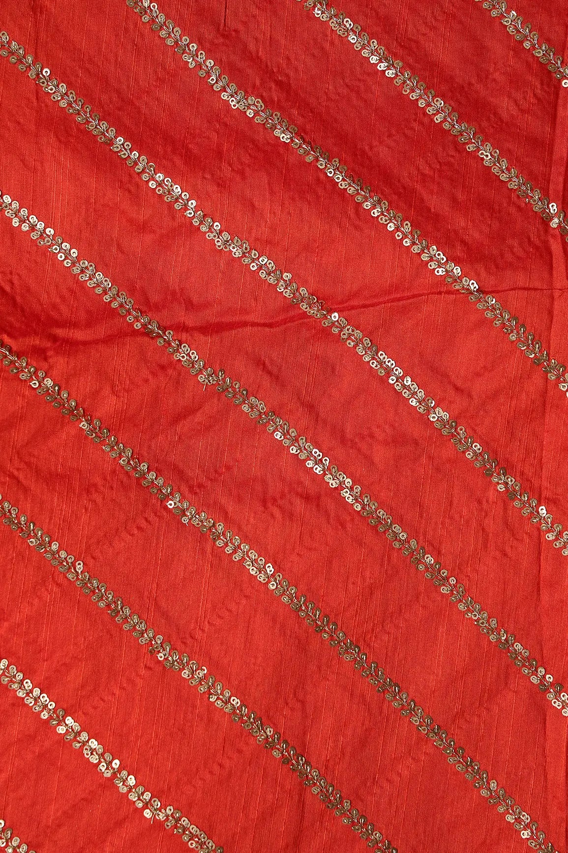 Gold Sequins With Gold Zari Stripes Embroidery Work On Dark Orange Raw Silk Fabric - doeraa
