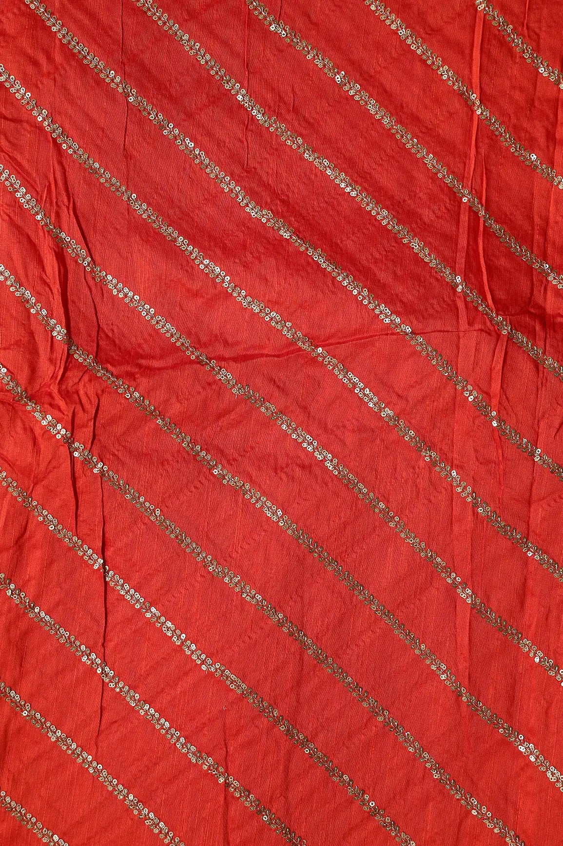 Gold Sequins With Gold Zari Stripes Embroidery Work On Dark Orange Raw Silk Fabric - doeraa