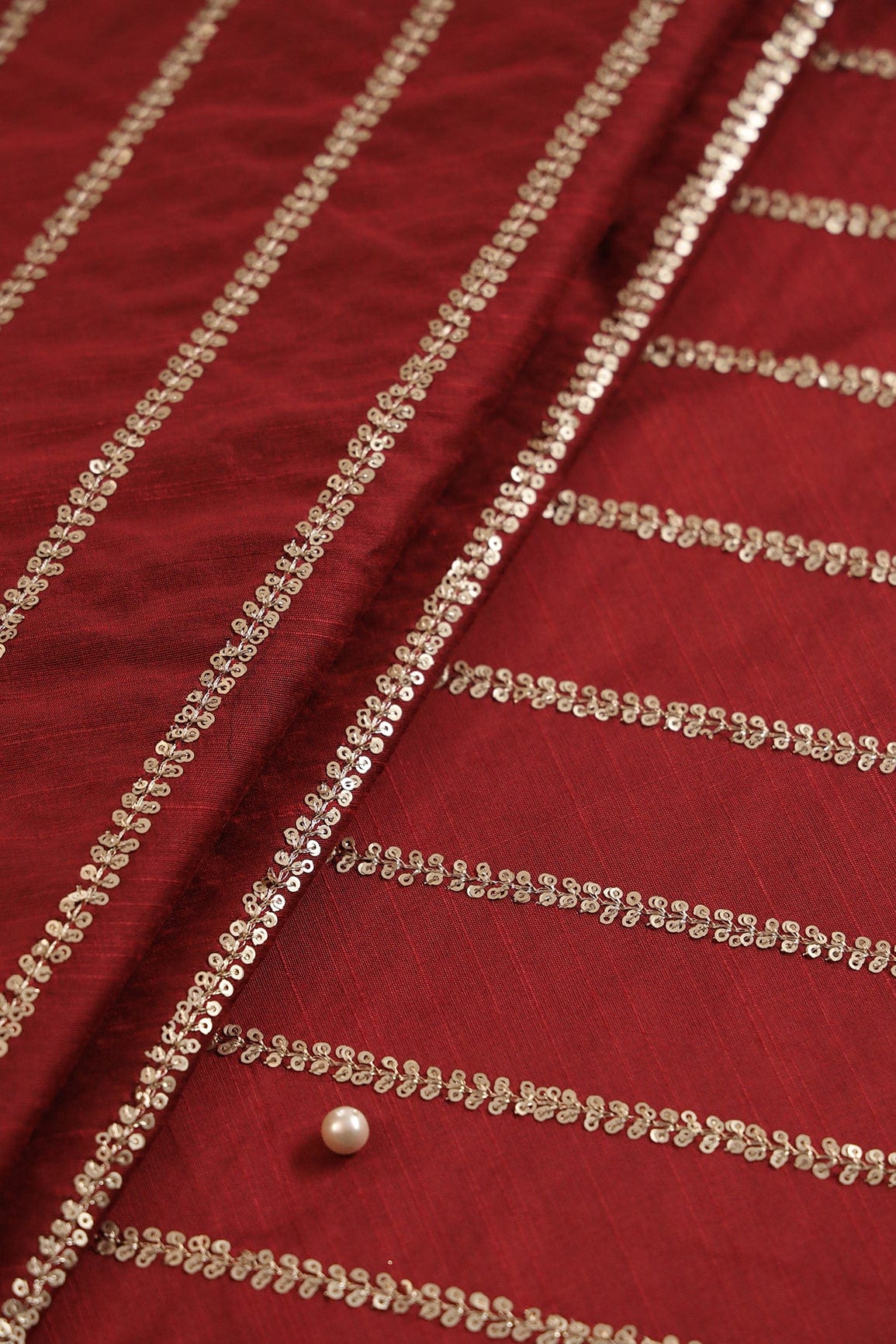 Gold Sequins With Gold Zari Stripes Embroidery Work On Maroon Raw Silk Fabric - doeraa
