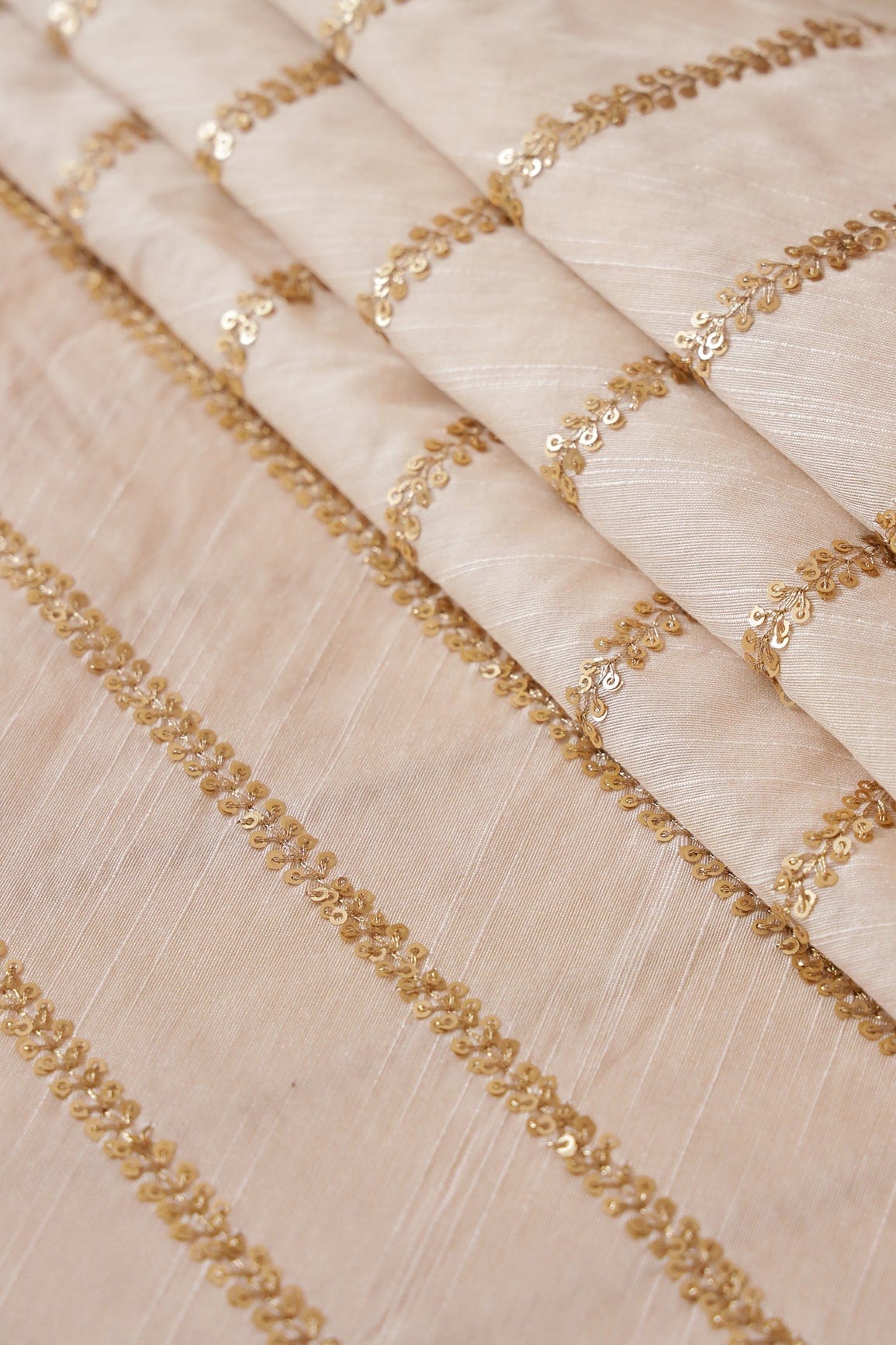 Gold Sequins With Gold Zari Stripes Embroidery Work On Off White Raw Silk Fabric - doeraa