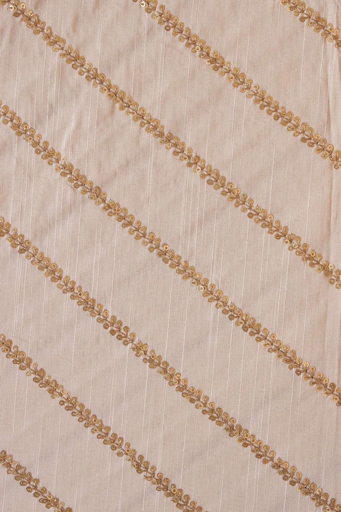 Gold Sequins With Gold Zari Stripes Embroidery Work On Off White Raw Silk Fabric - doeraa
