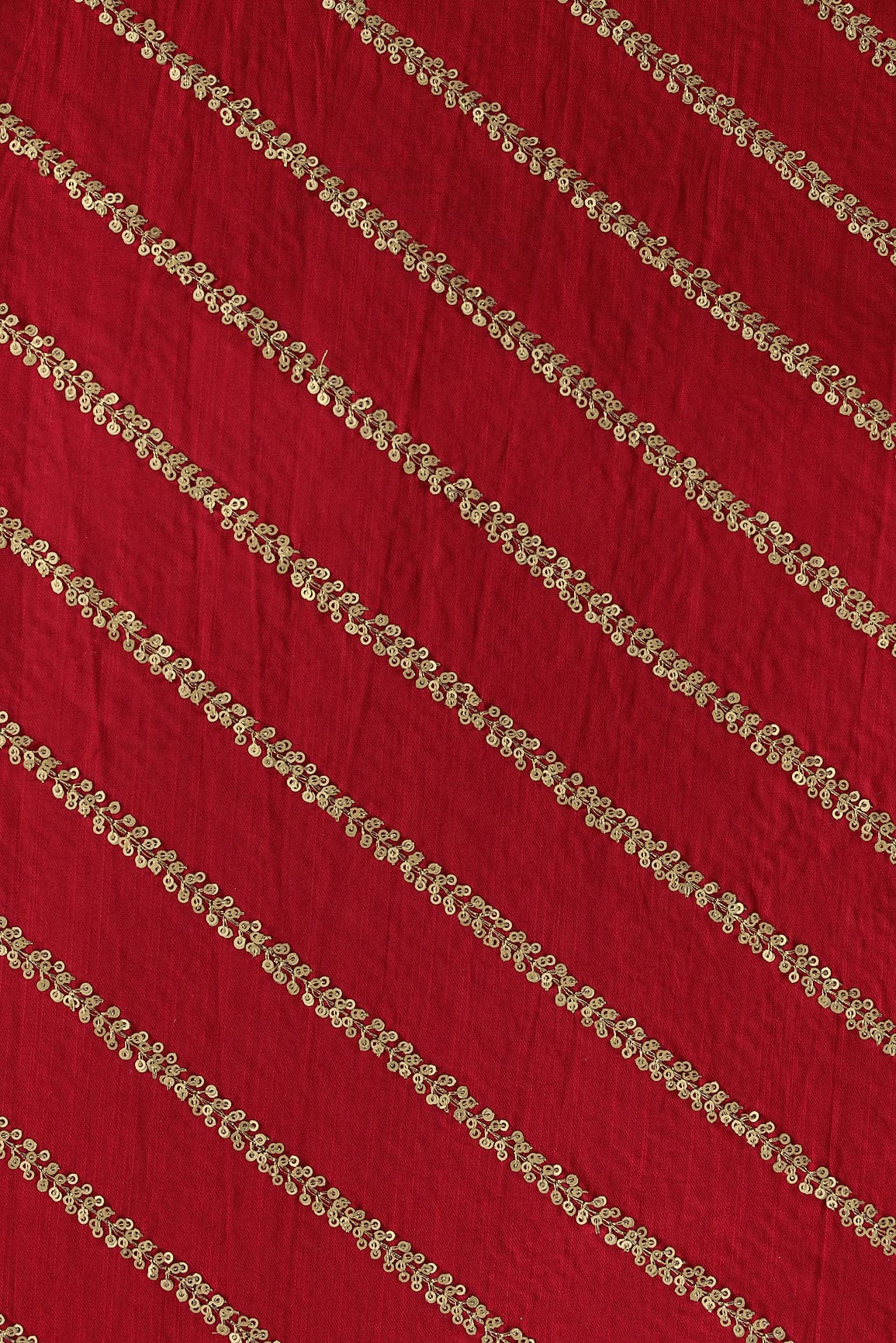 Gold Sequins With Gold Zari Stripes Embroidery Work On Red Raw Silk Fabric - doeraa