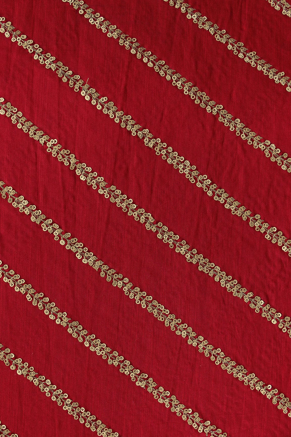 Gold Sequins With Gold Zari Stripes Embroidery Work On Red Raw Silk Fabric - doeraa