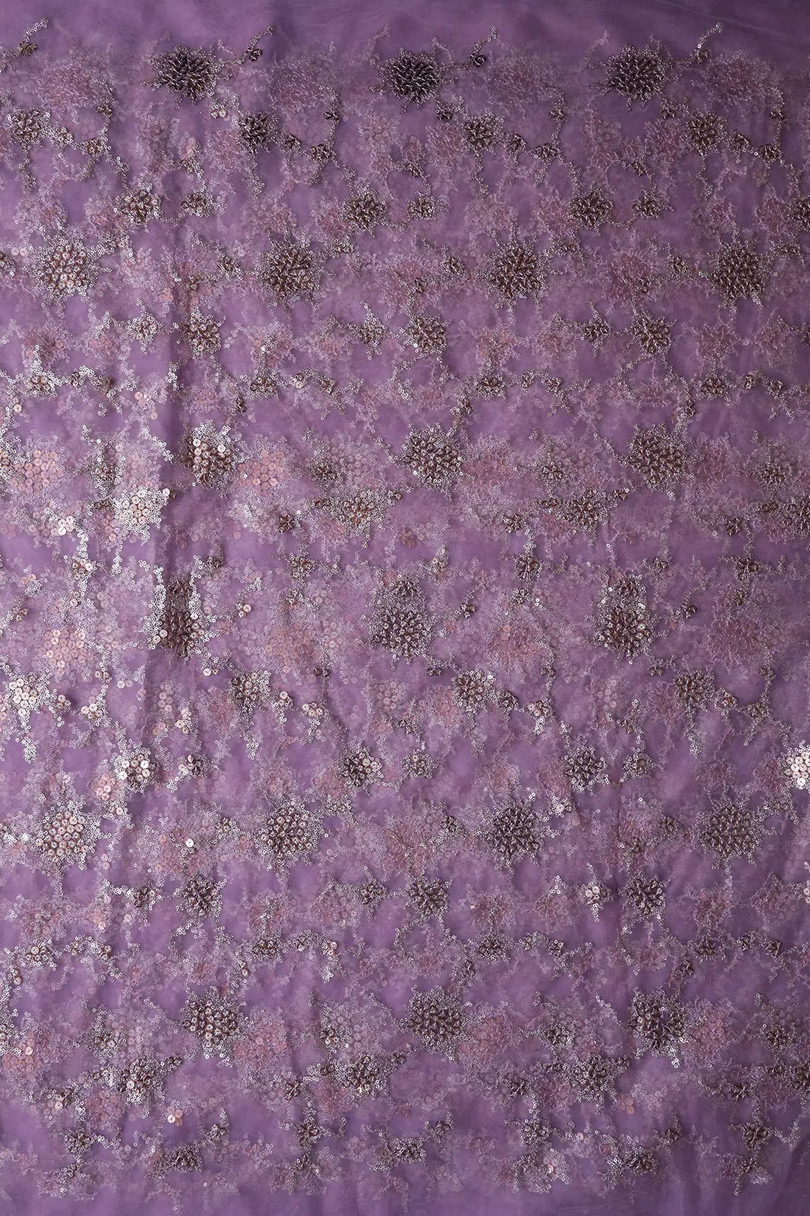 Gold Sequins With Lilac Thread Work Geometric Embroidery On Lilac Purple Soft Net Fabric - doeraa