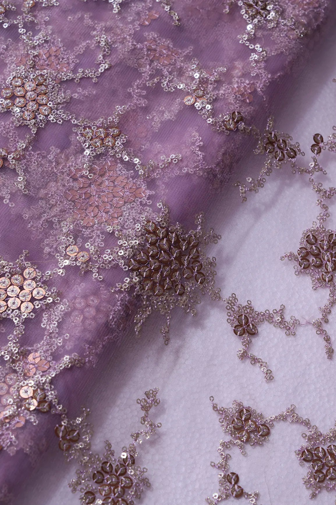 Gold Sequins With Mauve Thread Work Geometric Embroidery On Mauve Soft Net Fabric - doeraa