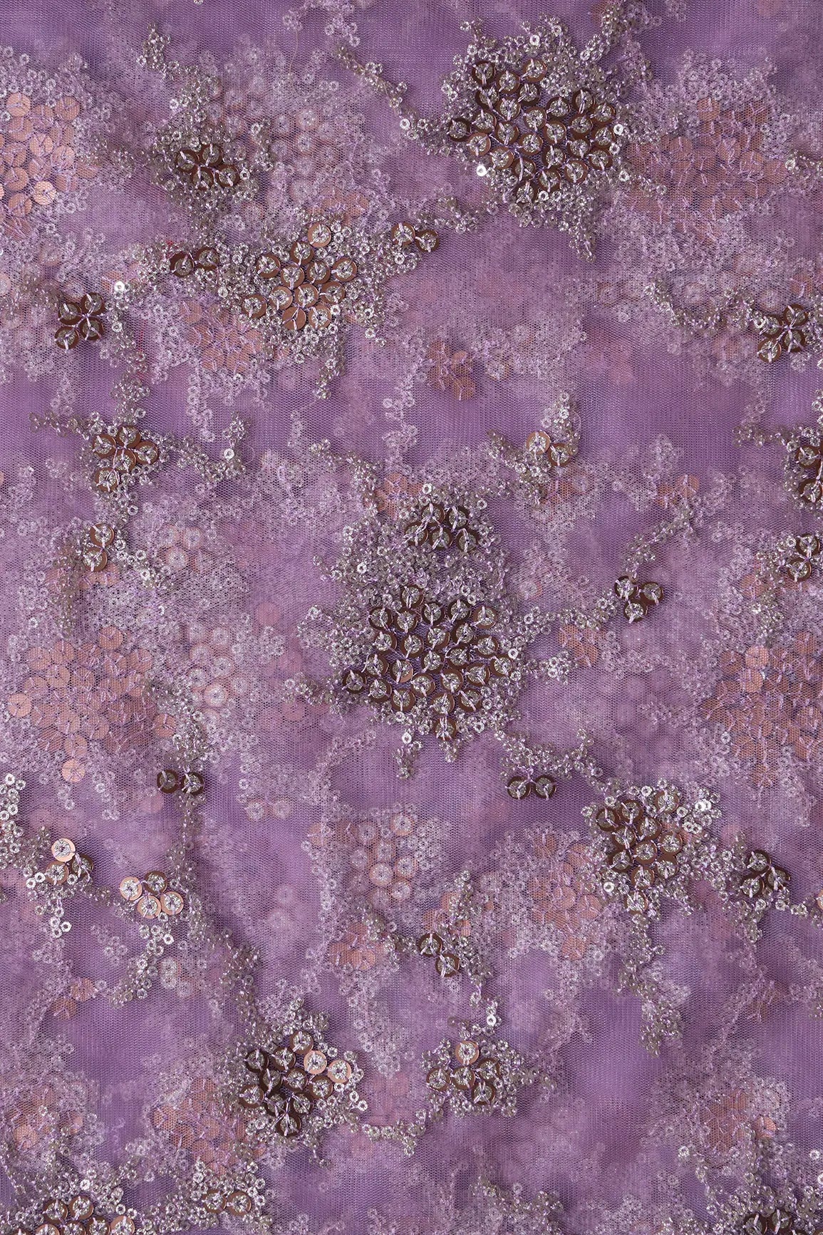 Gold Sequins With Mauve Thread Work Geometric Embroidery On Mauve Soft Net Fabric - doeraa